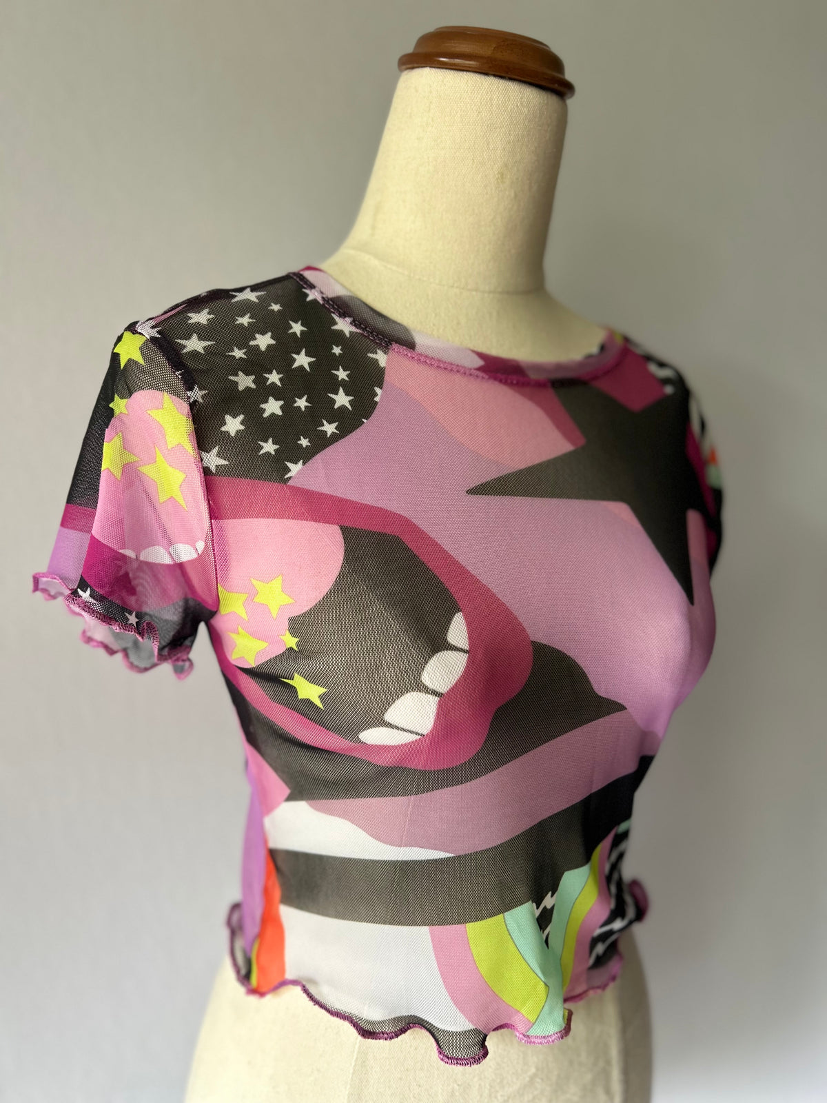 Graphic Print Mesh Crop Top – Size XS