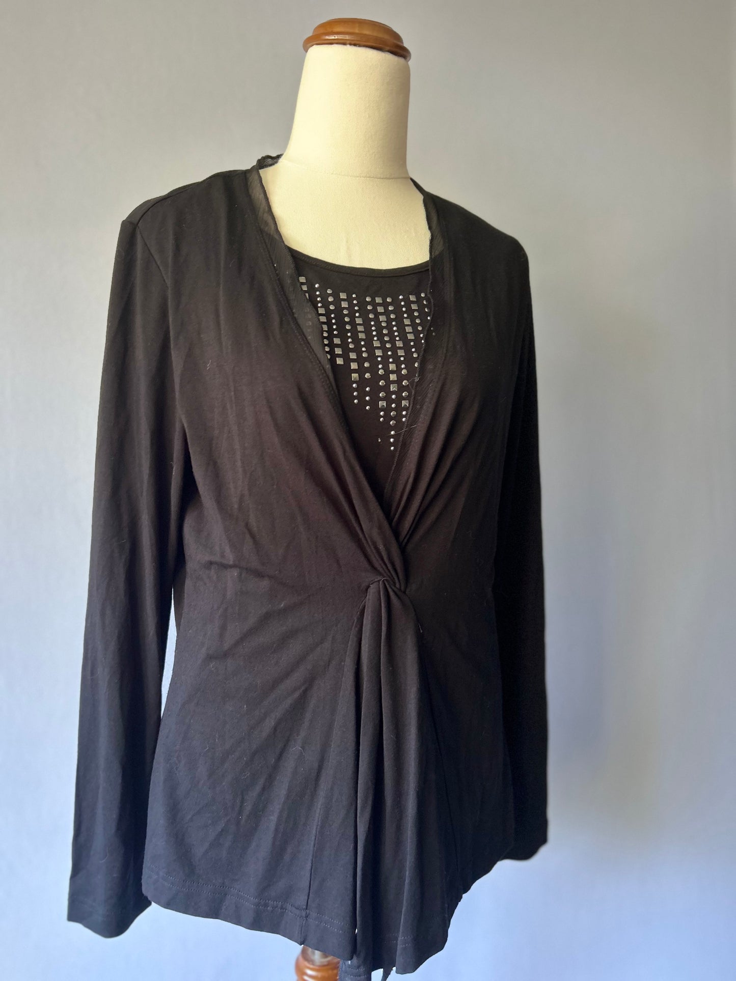 Black Twist-Front Layered Top with Studded Bodice - Size 36