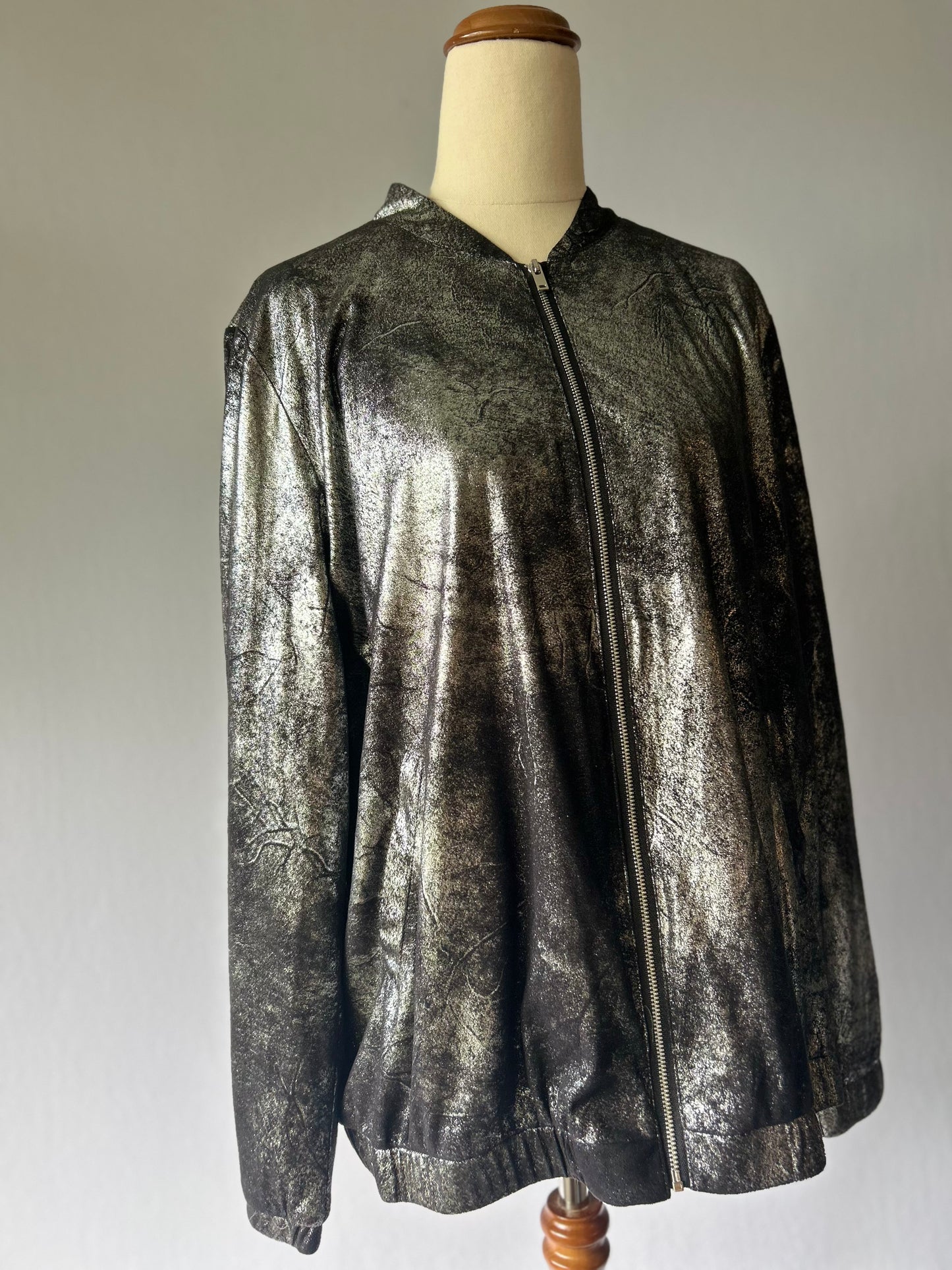 Metallic Silver Textured Bomber Jacket - Size L