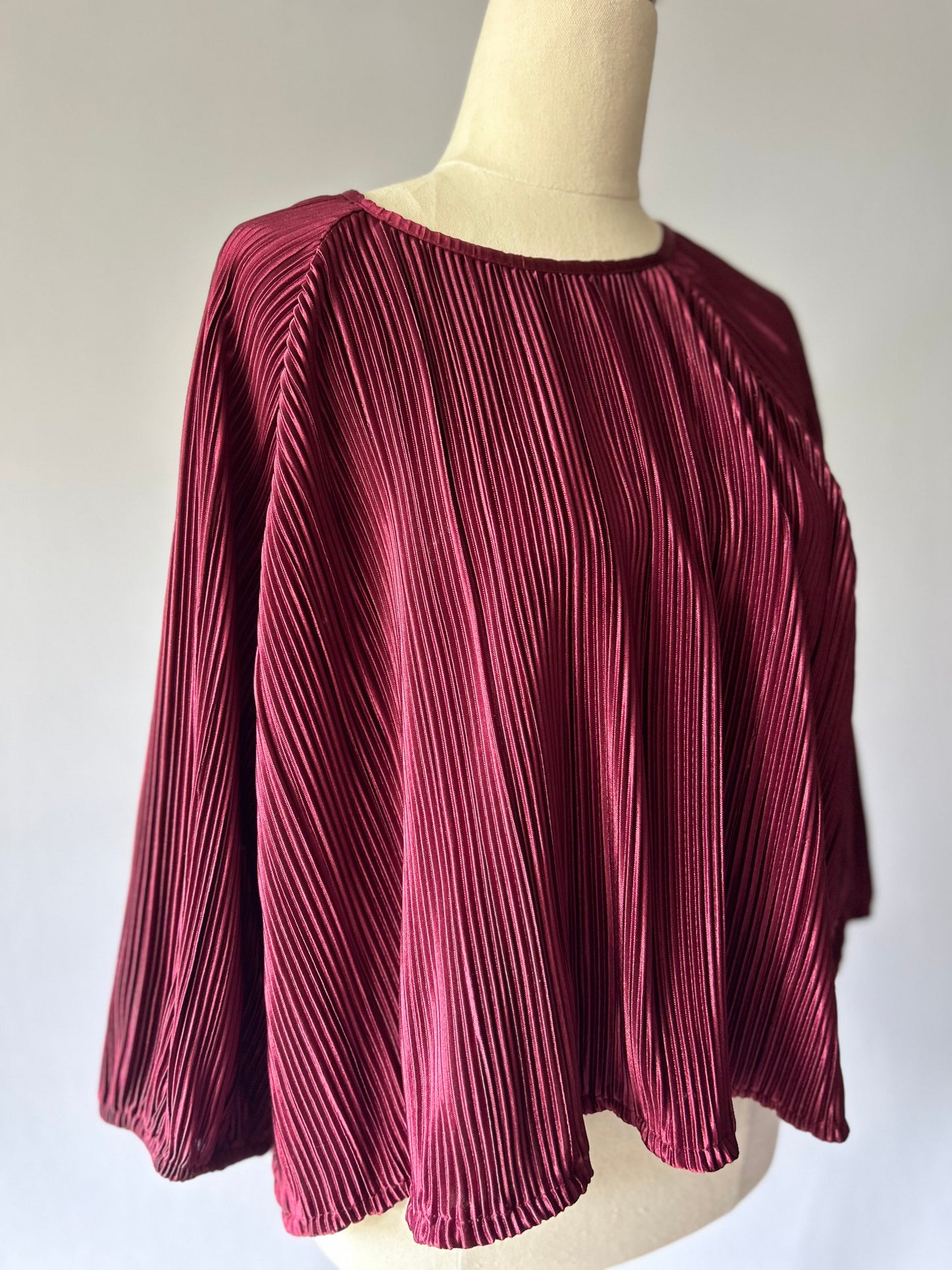 Deep Wine Pleated Plisse Raglan Blouse - Size 14