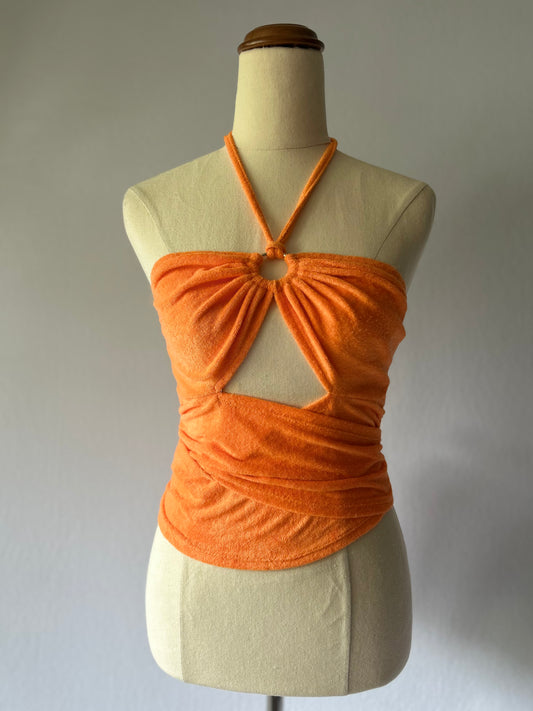Orange Terry Cloth Halter Top with Cutout size small