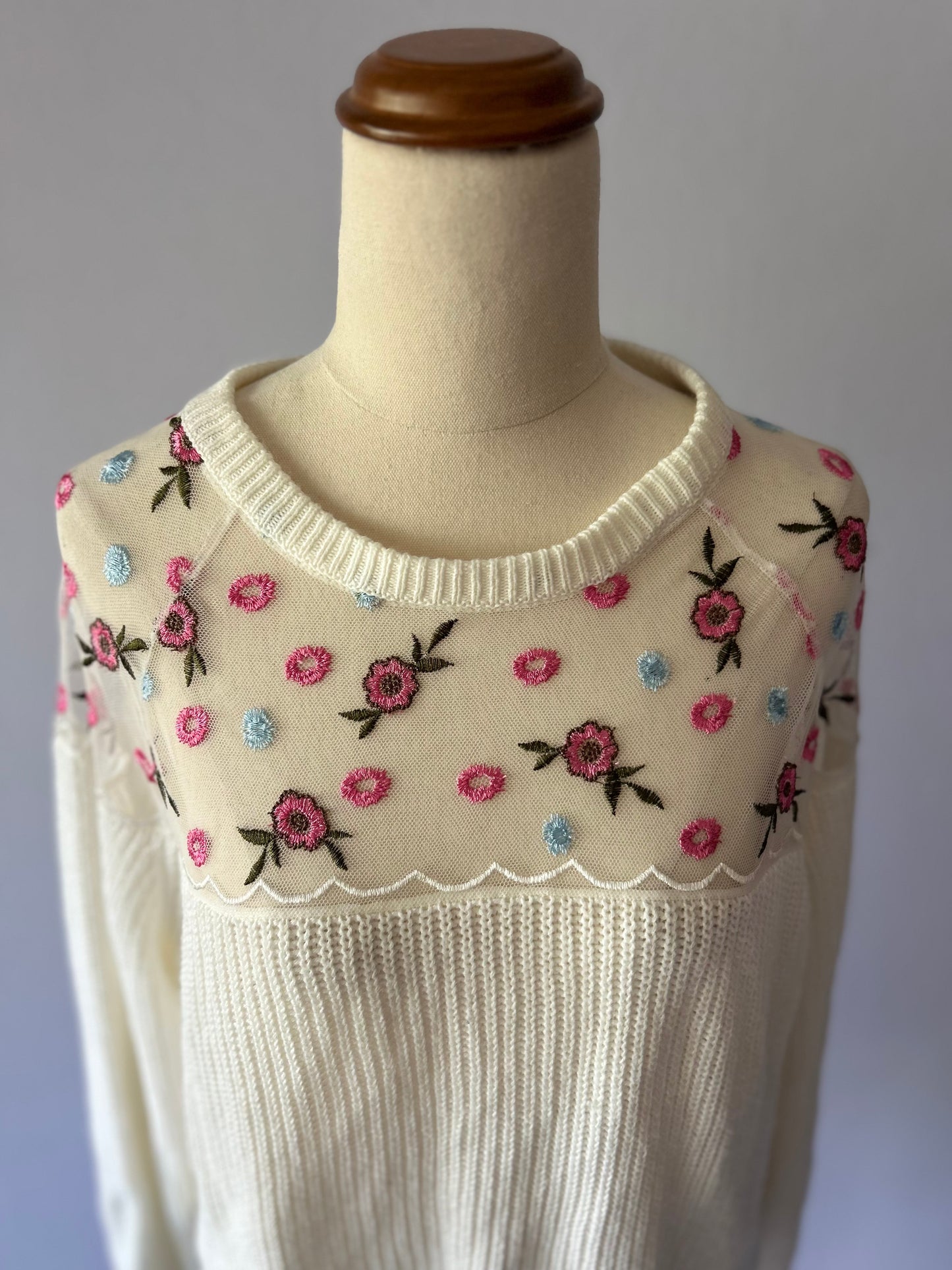 Floral Embroidered Mesh Yoke Knit Sweater - Size L (Acrylic)