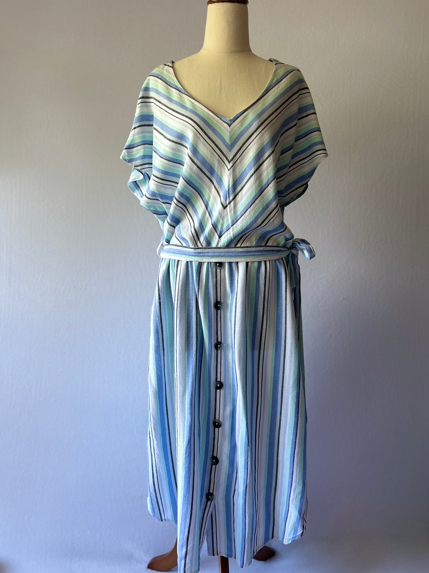 Size 16 | Linen Blend Striped Maxi Dress | Blue Green V-Neck Summer Dress