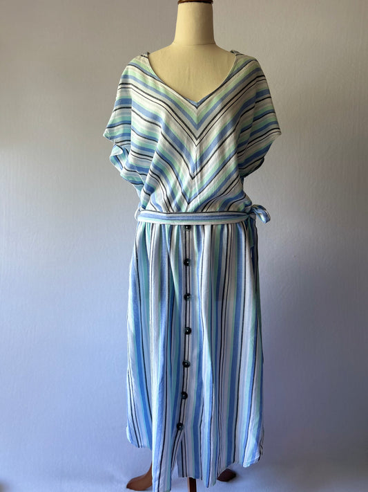 Size 16 | Linen Blend Striped Maxi Dress | Blue Green V-Neck Summer Dress