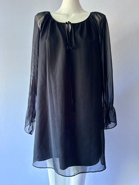 Romantic Black Chiffon-Style Layered Dress | Tie Neck | Size 12