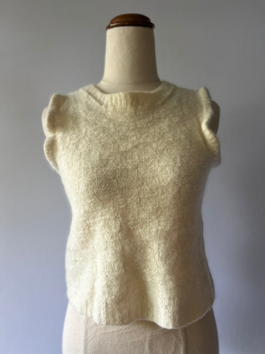 Romantic Knit Vest with Ruffle Shoulders - Cream Wool - Size S