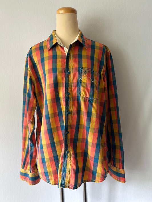 Men's Vibrant Plaid Cotton Long Sleeve Shirt - Size L