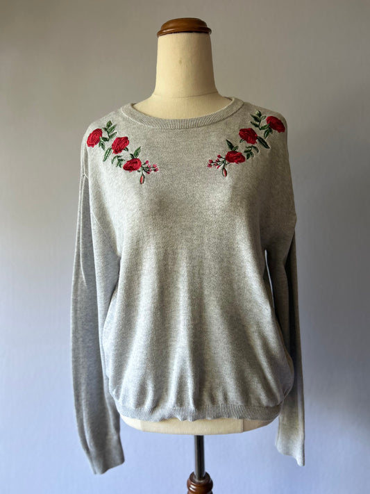 Rose Embroidered Fine-Knit Cotton Jumper - Heather Grey - Size Small