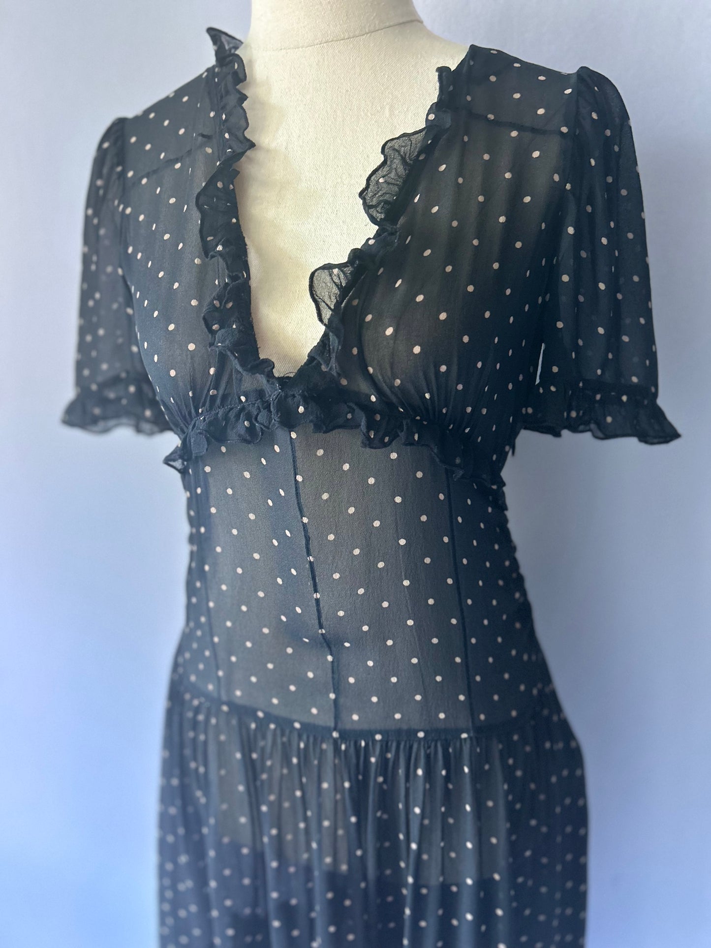 Alannah Hill 100% Silk Polka Dot Ruffle Midi Dress - Size 8