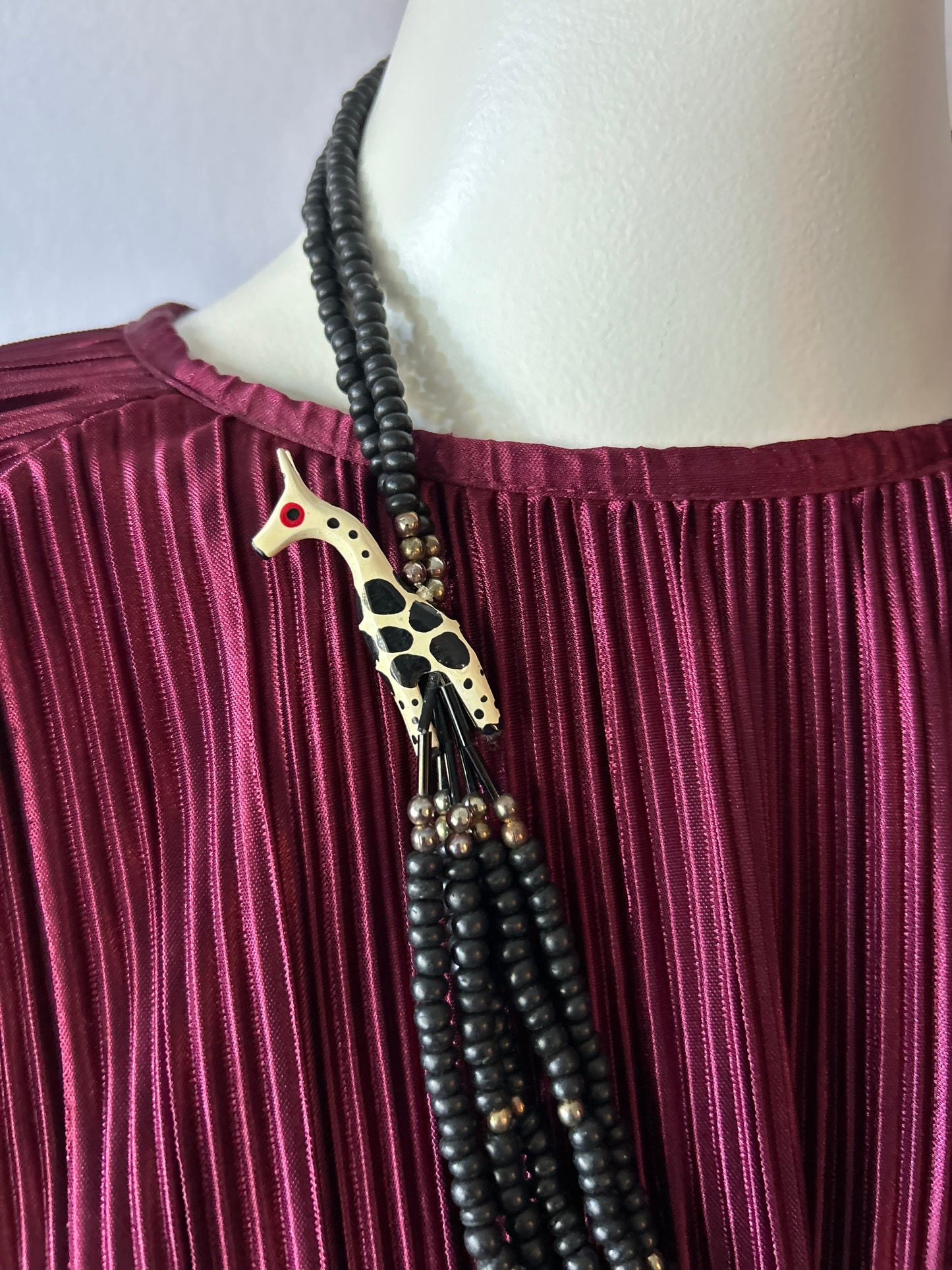 Vintage Multi-Strand Wooden Bead Statement Necklace with Carved Giraffes