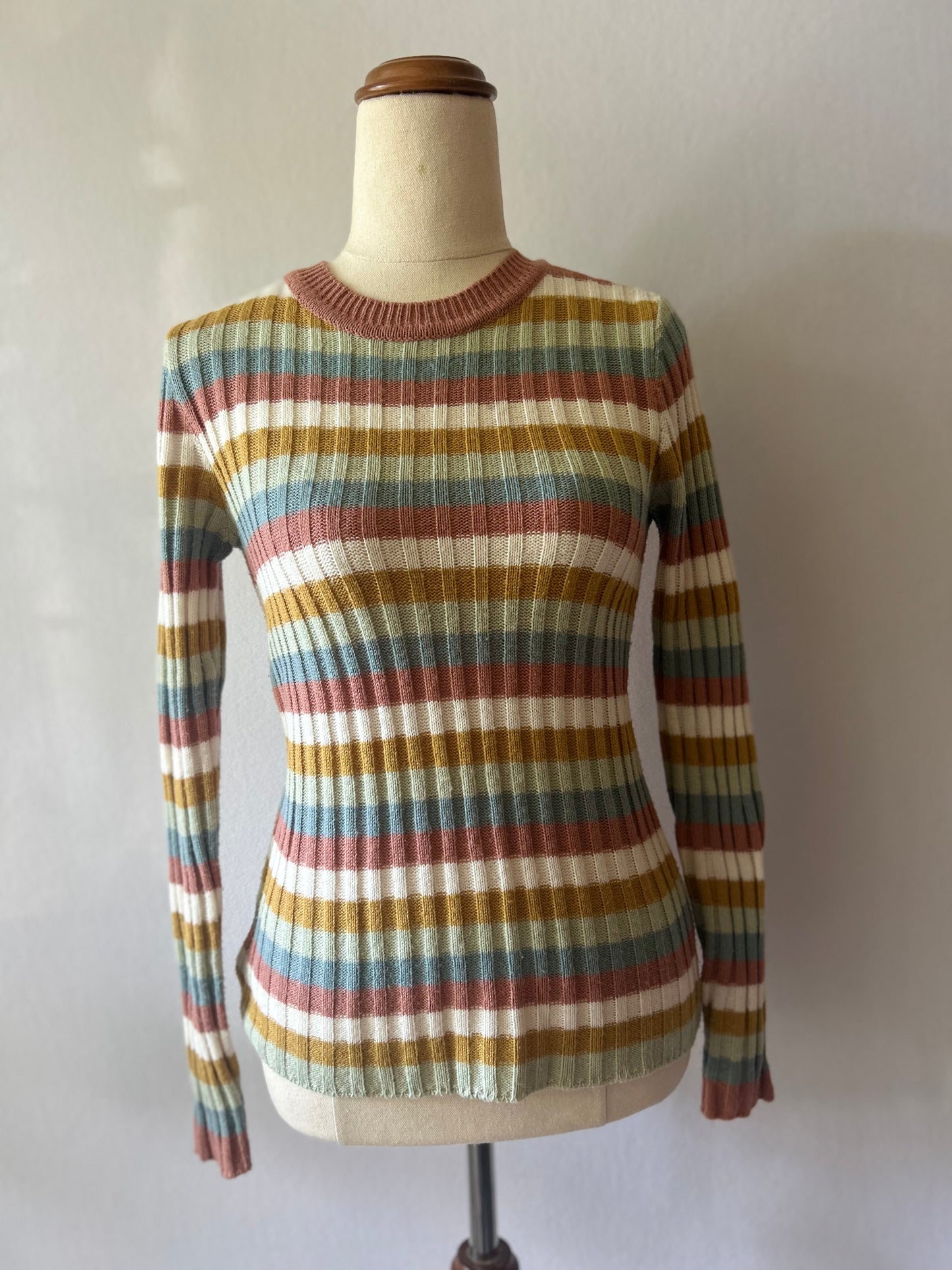Retro Multi-Striped Ribbed Crewneck Knit Jumper - Size 12