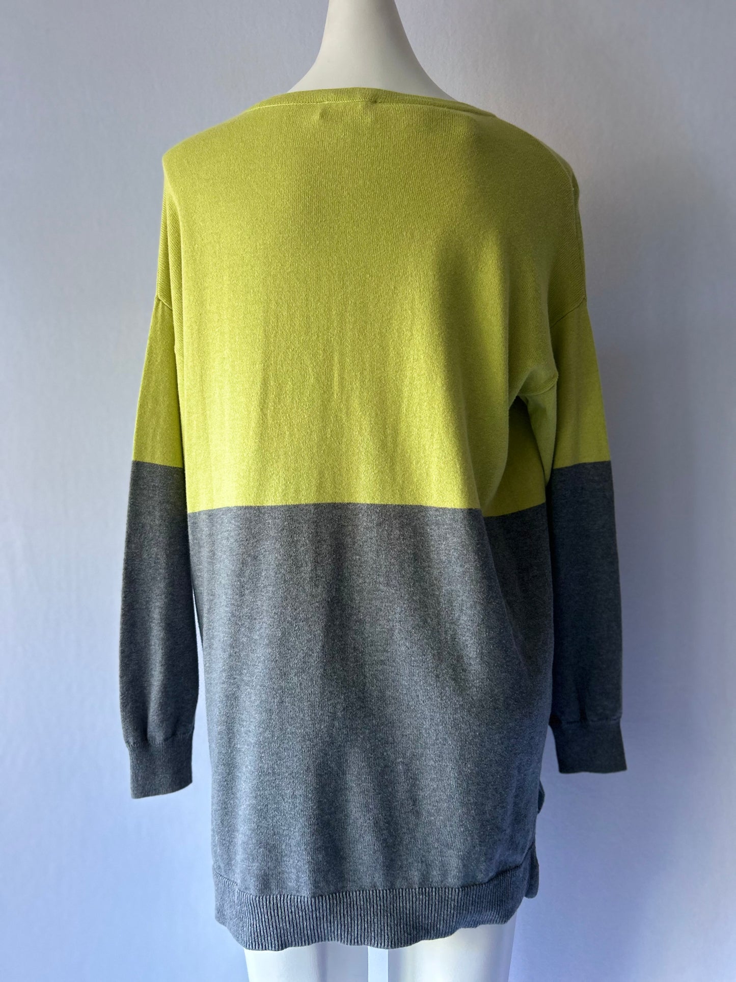 Chartreuse & Grey Two-Tone Cotton Sweater | Striped Pocket Detail | Size Large