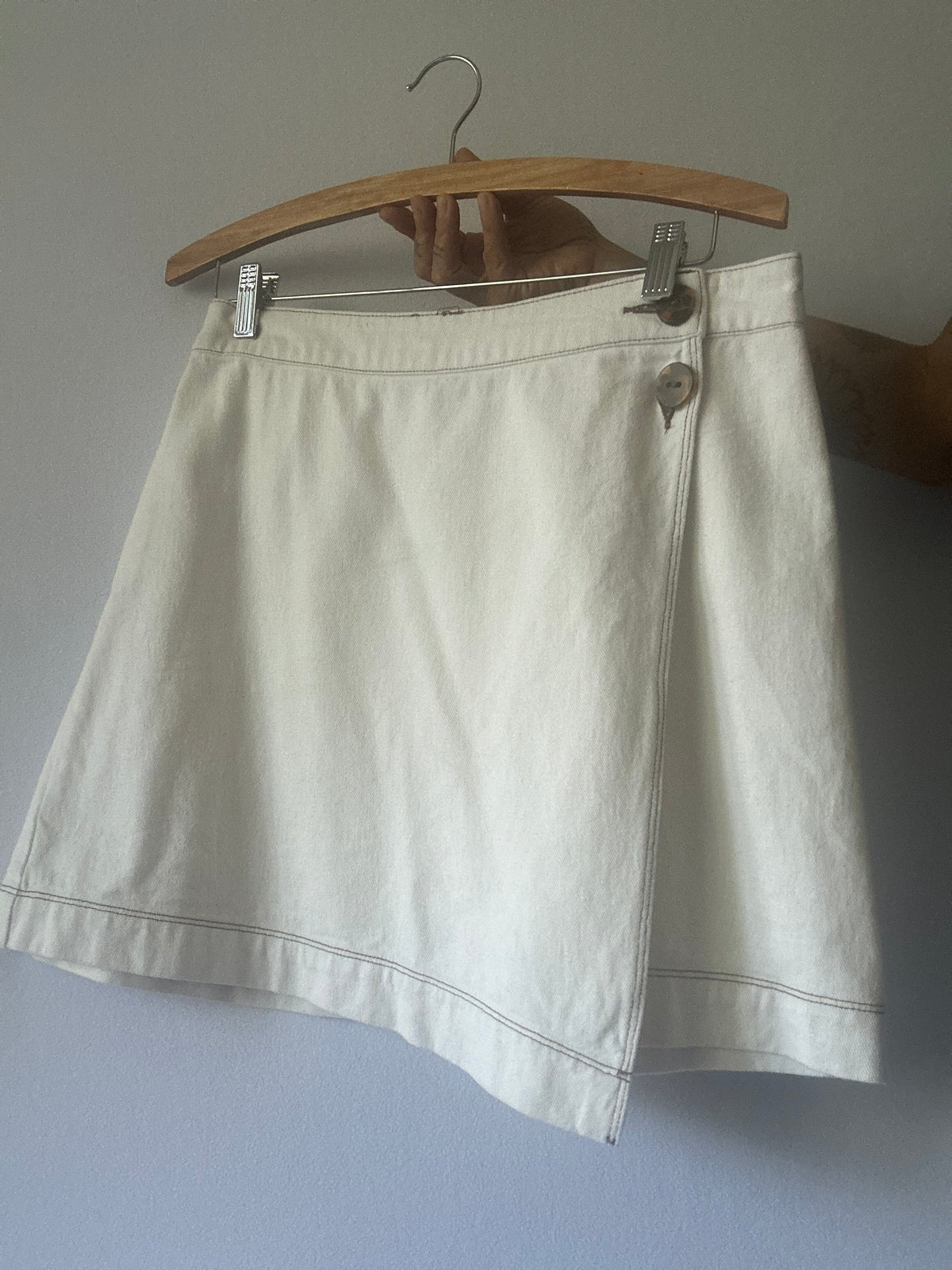 Off-White Denim Wrap Mini Skirt with Contrast Stitching - Size 12