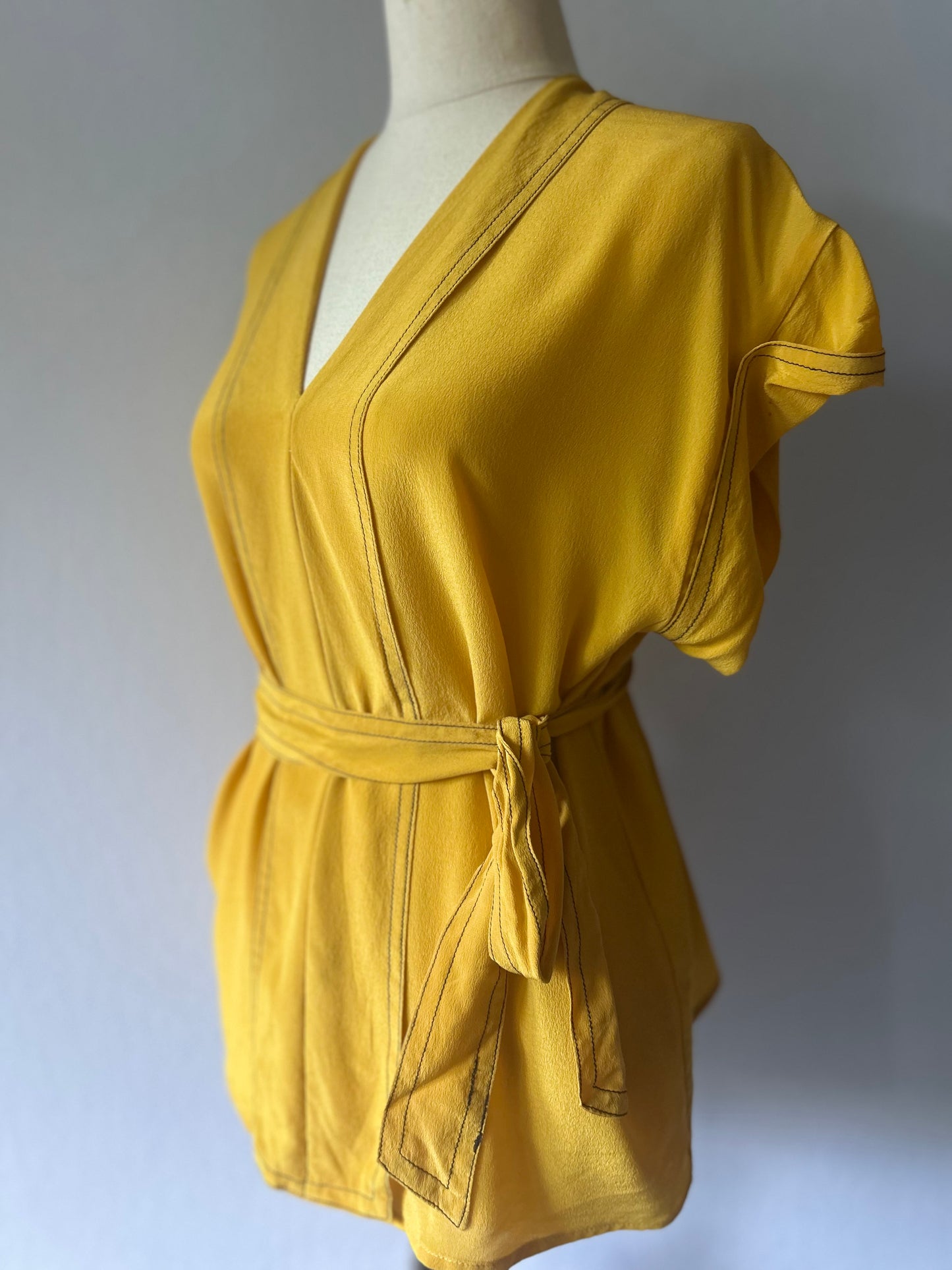 Mustard Yellow Silk Kimono-Style Belted Top - Size L