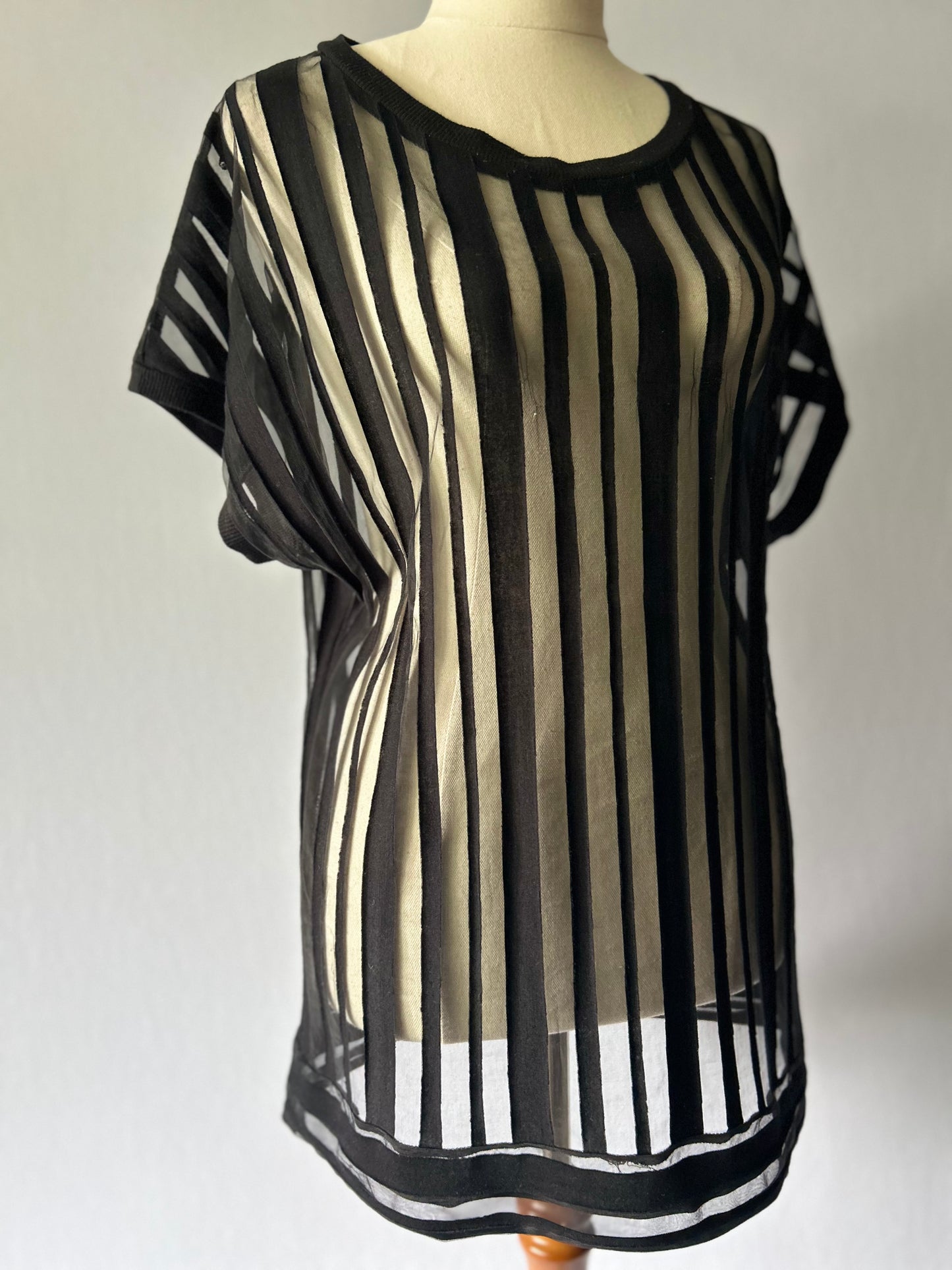 Graphic Sheer Shadow-Stripe Boxy Tunica Top - Black - Size L