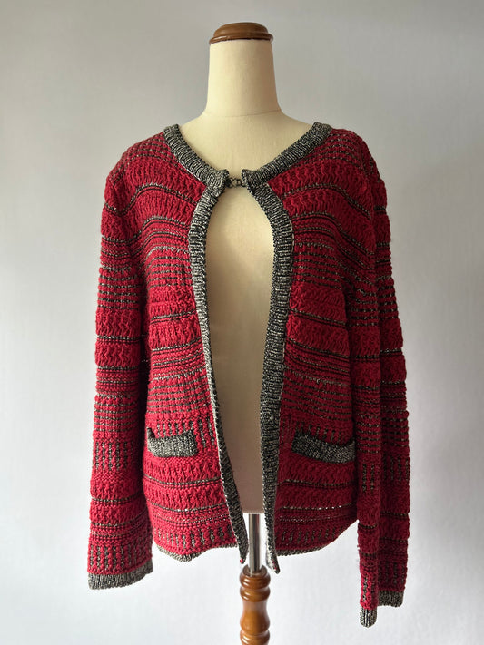 Textured Knit Lady Jacket - Crimson & Metallic Gray - Size XL
