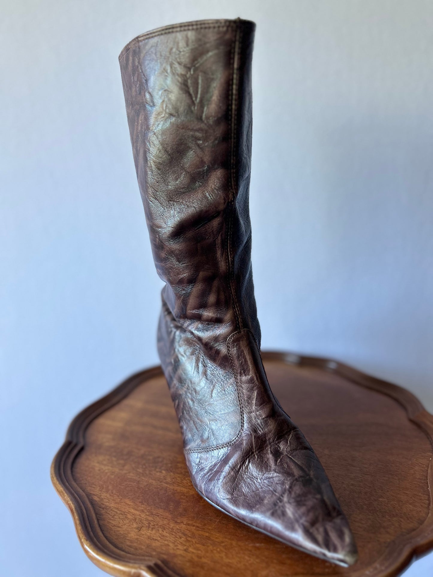 Chocolate Brown Crinkled Leather Pointed-Toe Boots - Size EUR 40