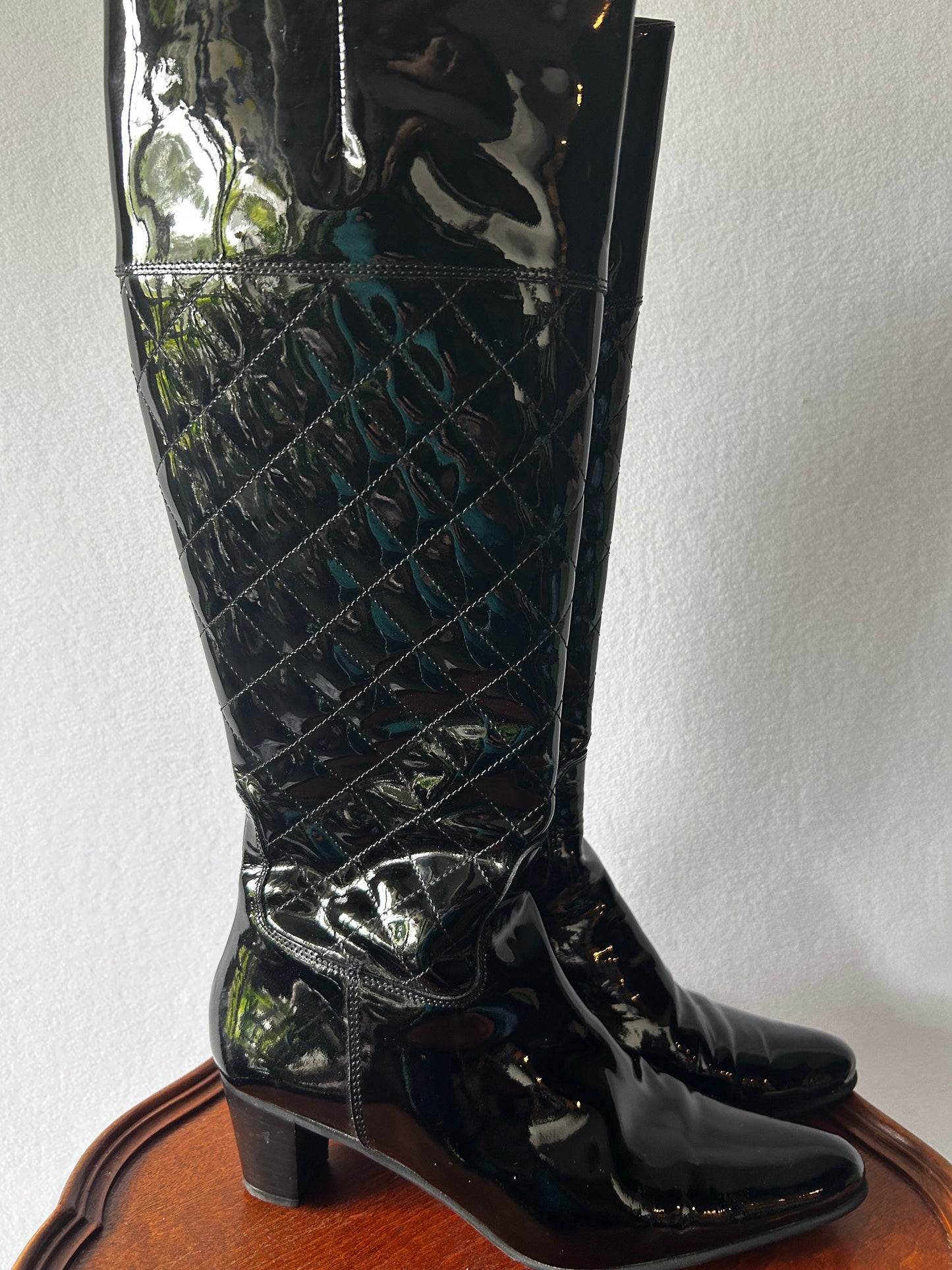 Italian-Made Quilted Patent Vinyl Knee-High Boots - Size 36