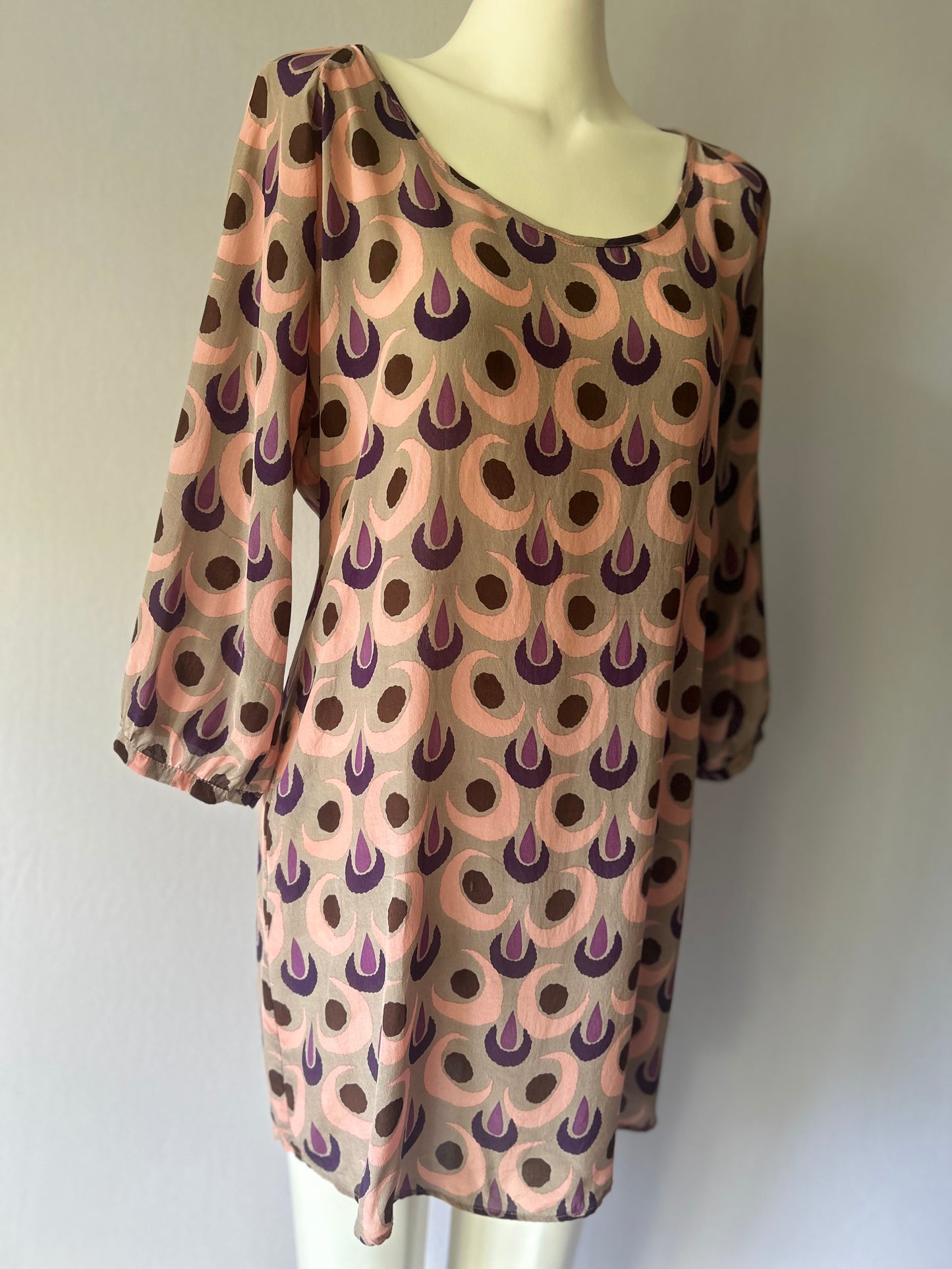 Juliette Hogan 100% Silk Geometric Print Tunic Dress - Size 12