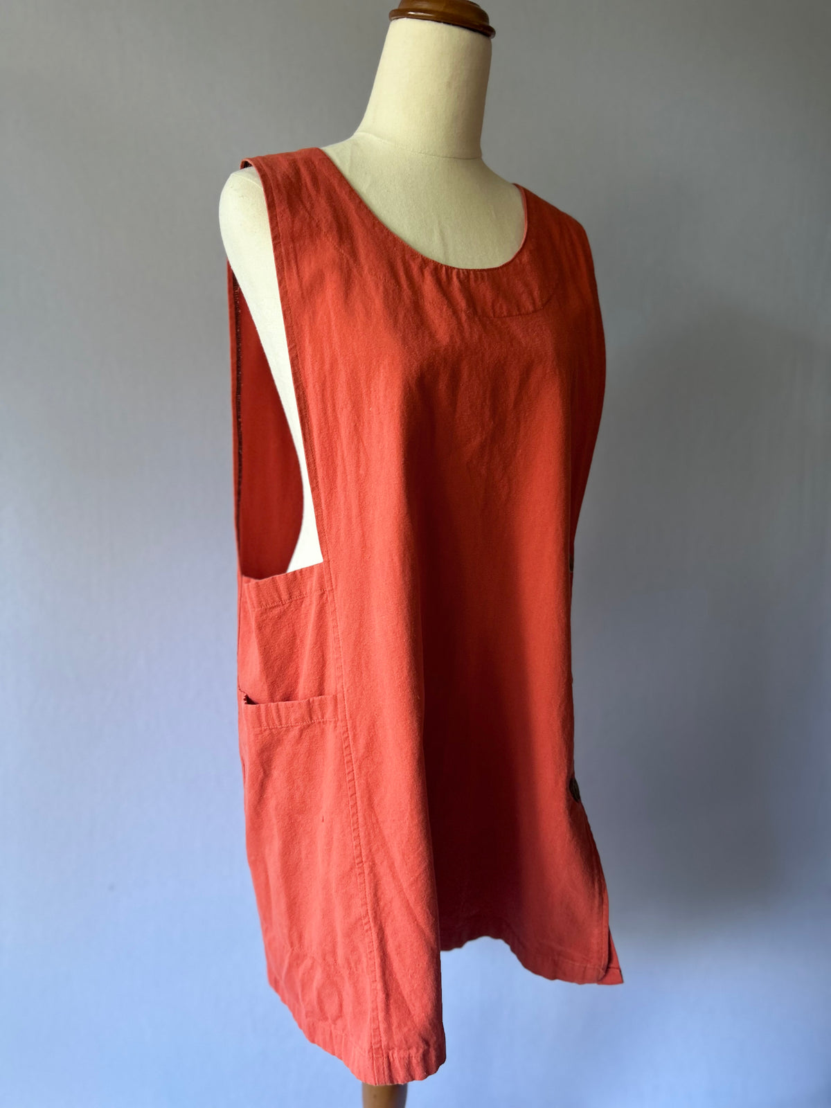 Terracotta Cotton Canvas Side-Button Pinafore Overall Dress - Size S