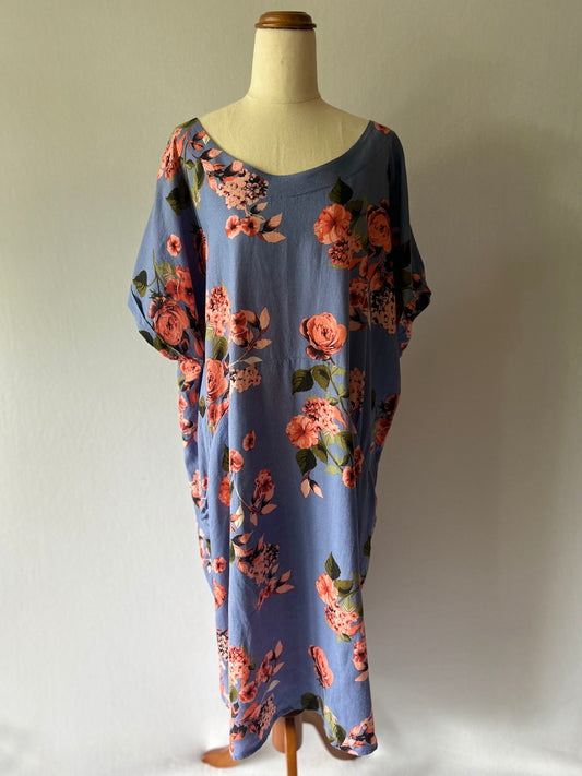 Sara Periwinkle Floral Linen-Viscose Blend Relaxed Kaftan Dress - Plus Size 22