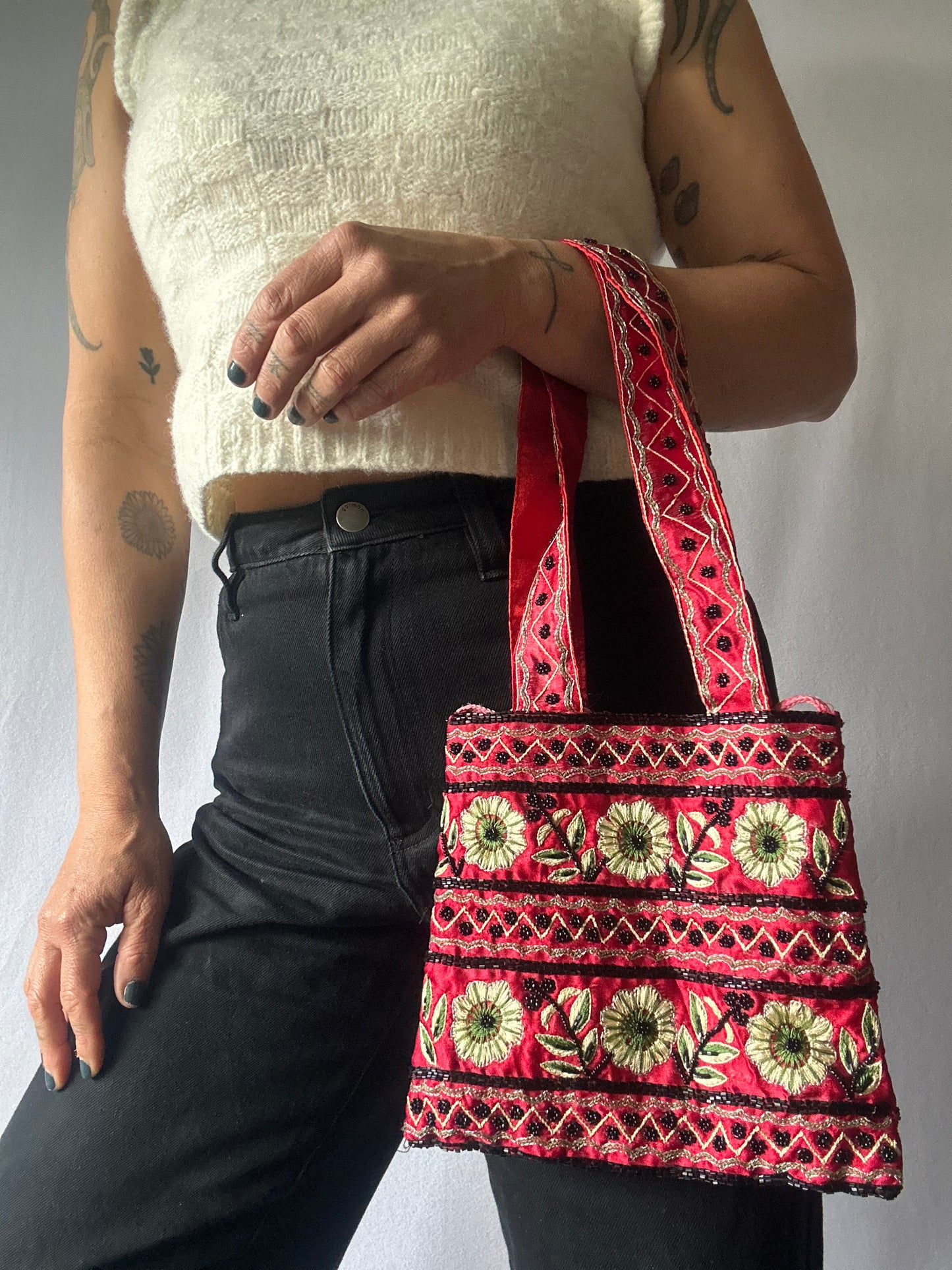 Embroidered Red Floral Tote Bag – Boho Chic Handmade Style