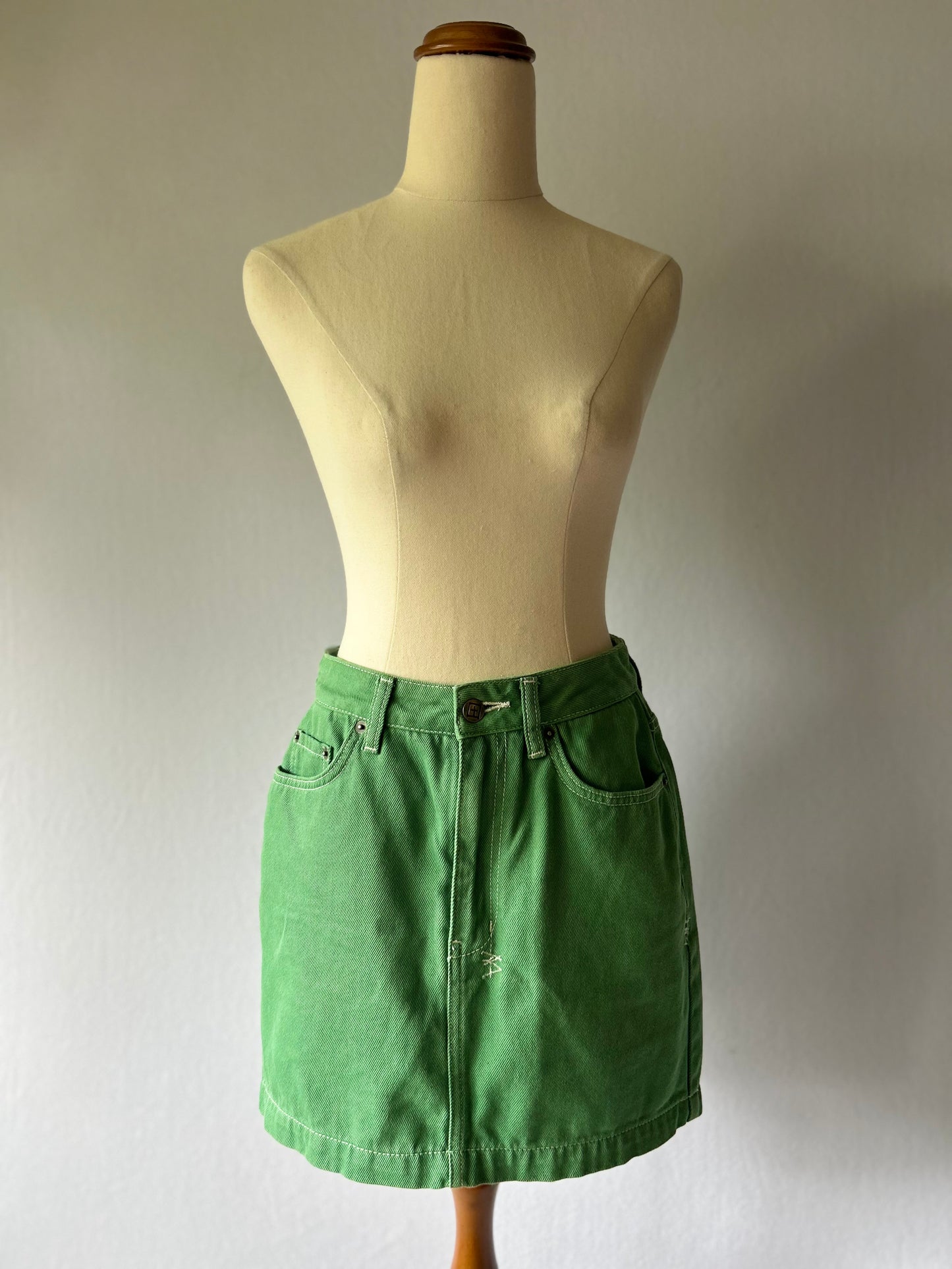 Retro Green Denim Mini Skirt - Size 8 (26" Waist)