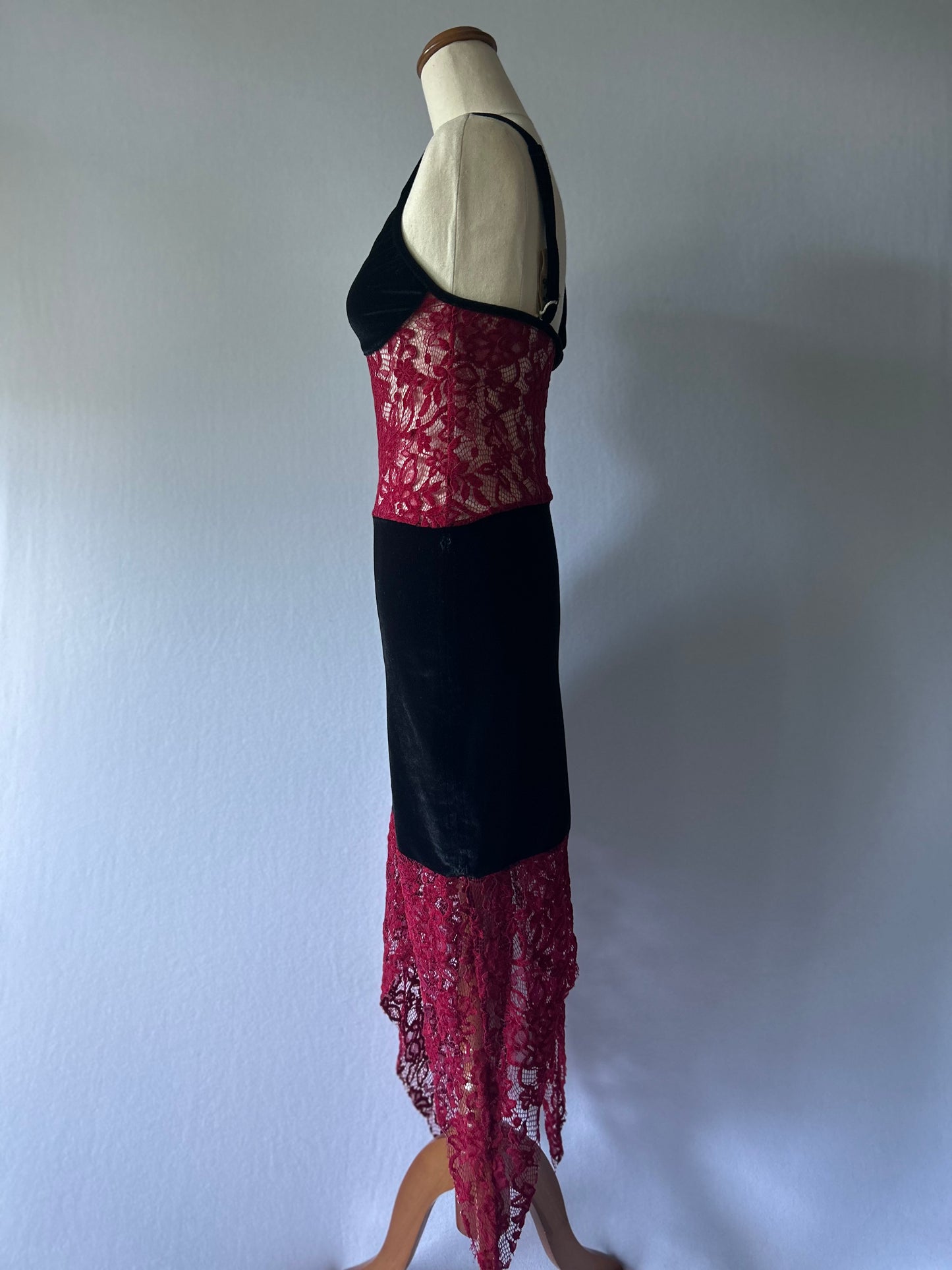 Velvet & Lace Asymmetric Midi Dress - Black & Burgundy - Size M