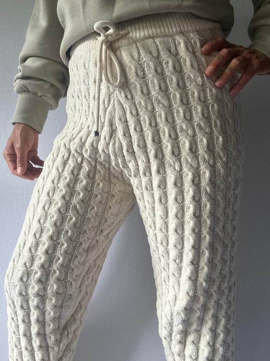 Cream Cable-Knit Drawstring Lounge Trousers - Size M