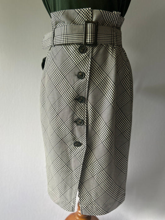 High-Waisted Houndstooth Plaid Midi Skirt with Belt - Size UK 12 / EUR 40