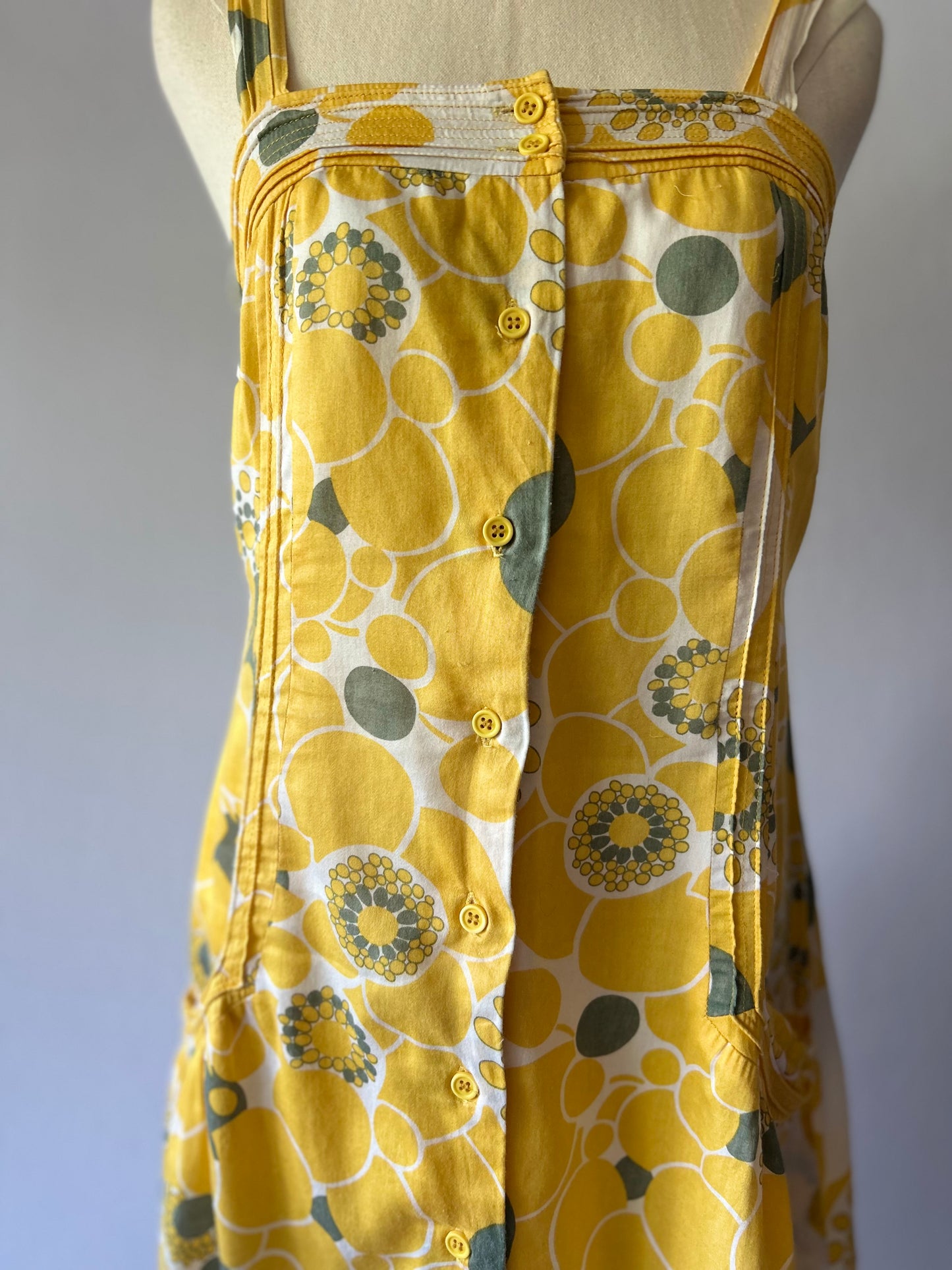 Size Small | Mod Yellow Floral Cotton Sundress | Button Front A-Line Dress