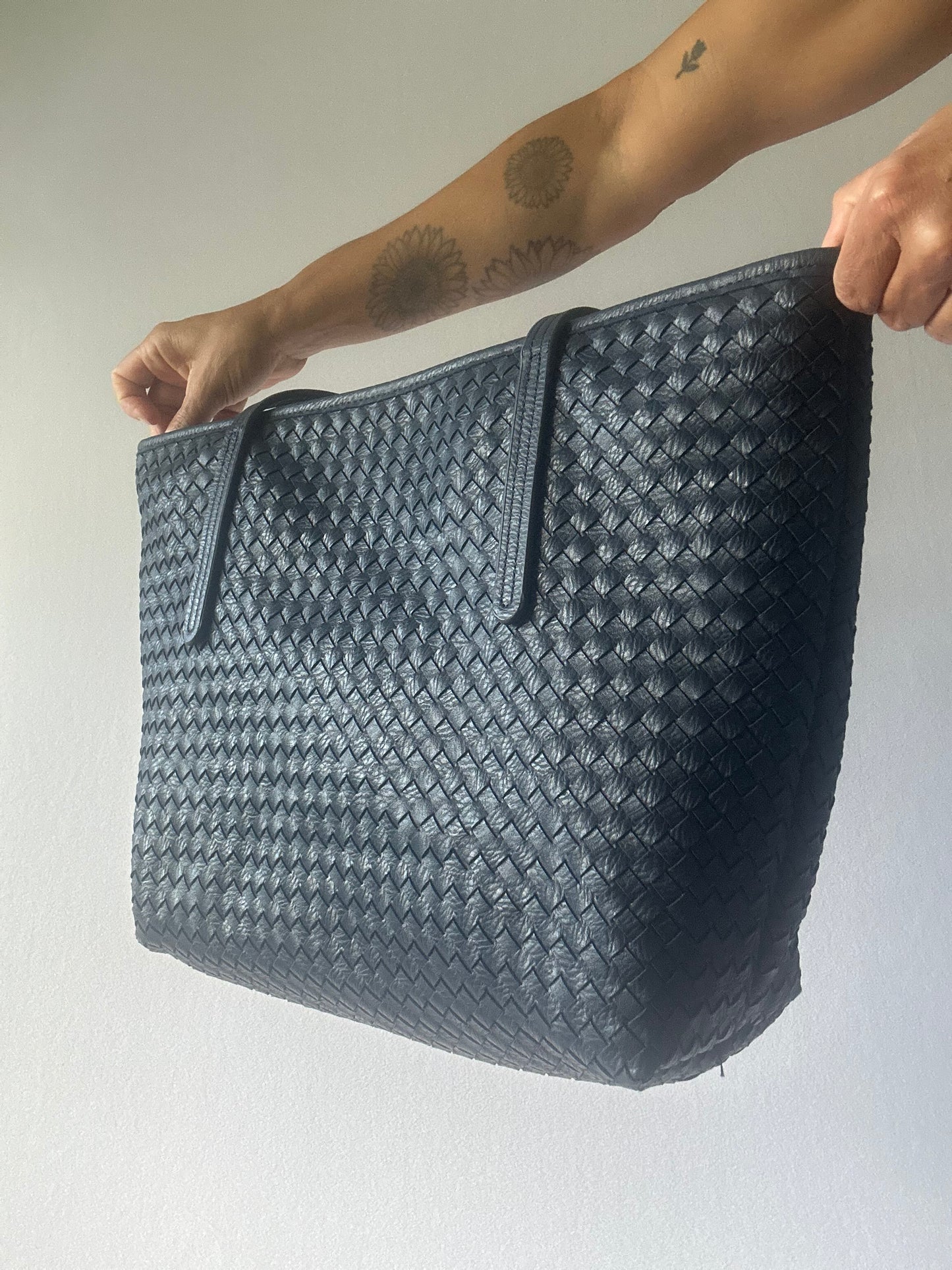 Navy Woven Faux Leather Large Tote Bag - Size Large