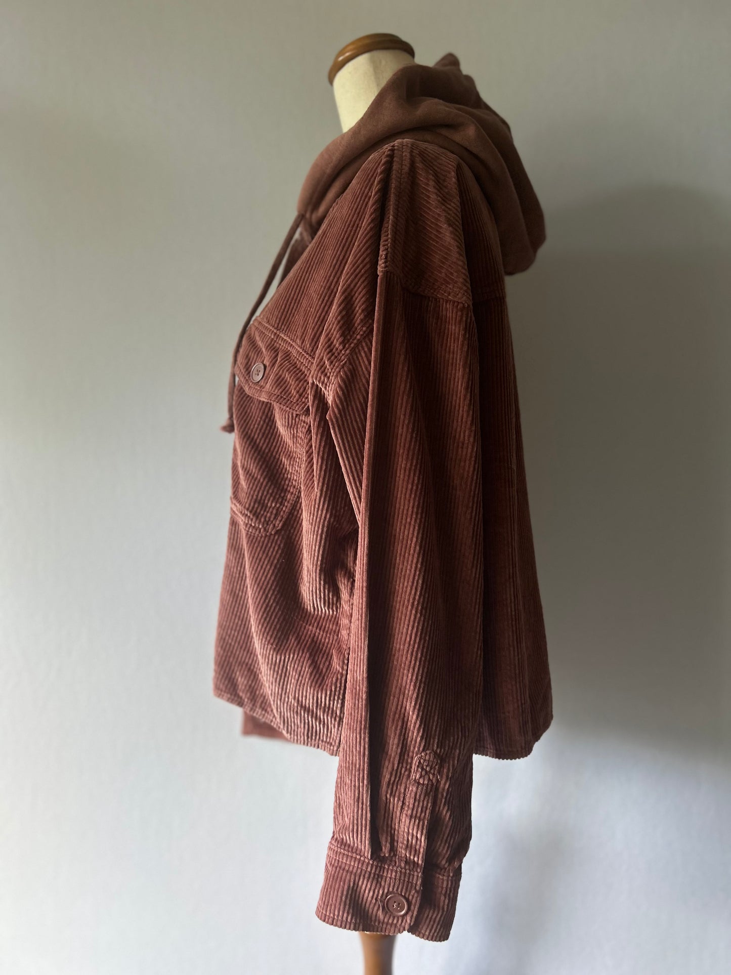 Dusty Rose Corduroy Button-Down Jacket with Hoodie | Size Large | 100% Cotton