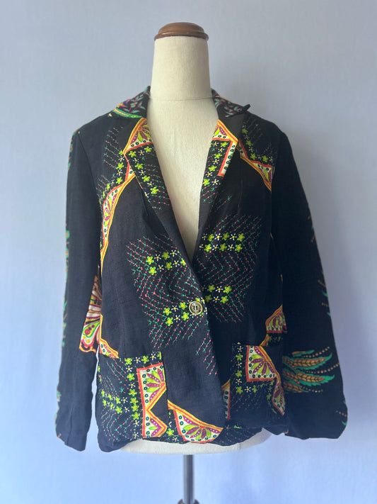 Artisan Graphic Print Linen-Blend Blazer - Size 38 (S/M)