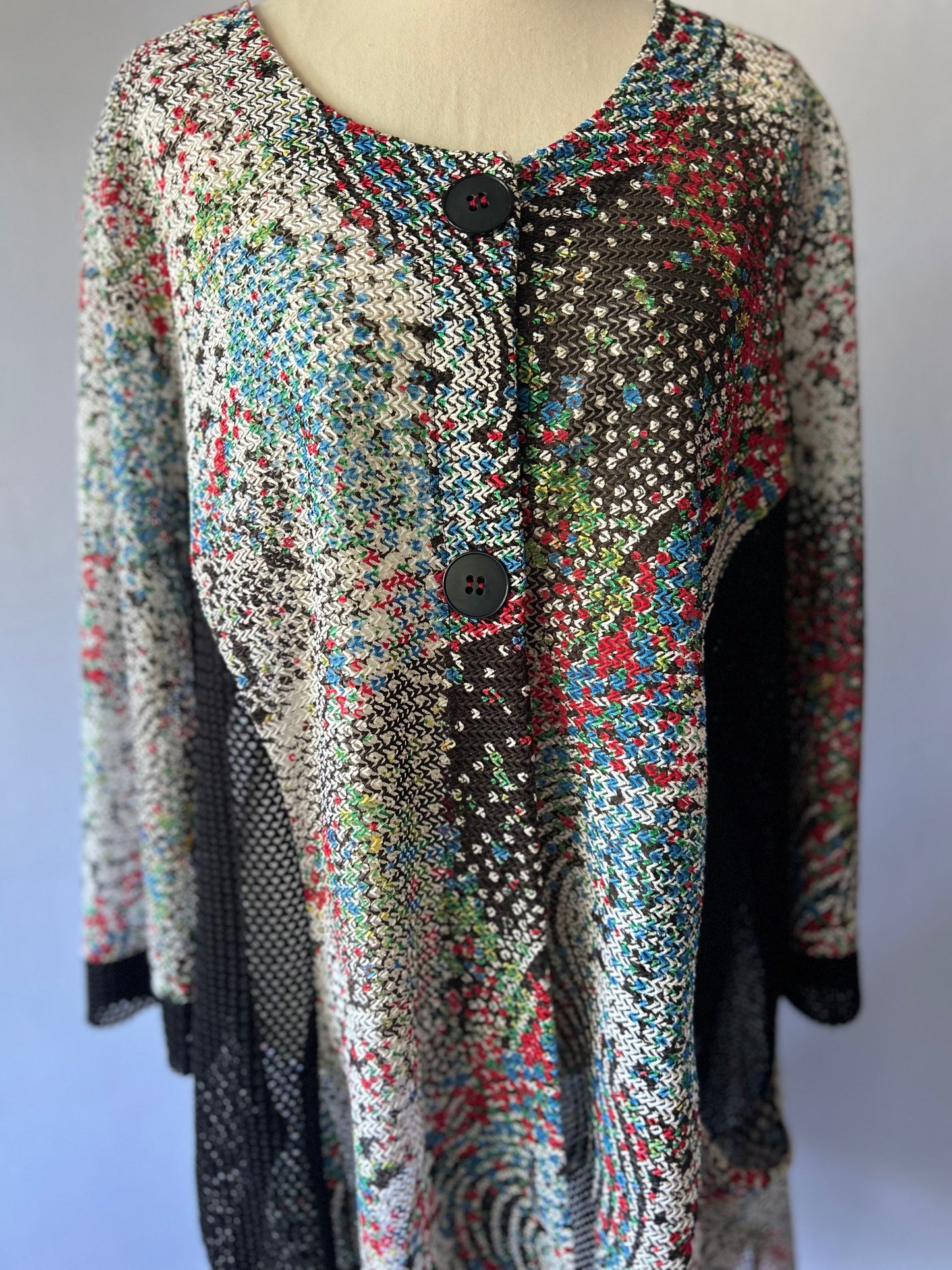 Joseph Ribkoff Abstract Multi-Color Knit Cardigan with Mesh Panels - Size 16