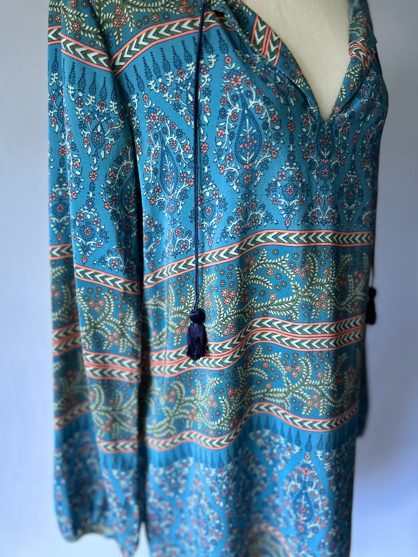 Bohemian Silk Tunic Dress – Blue Paisley Print, Size Small