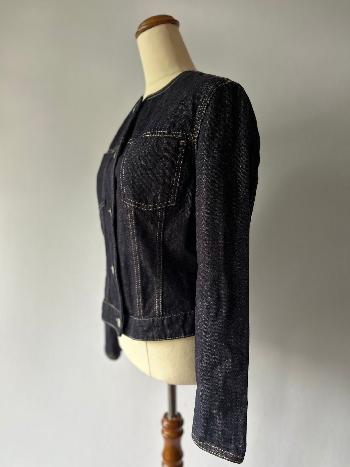 Minimalist Collarless Indigo Denim Jacket - Size S