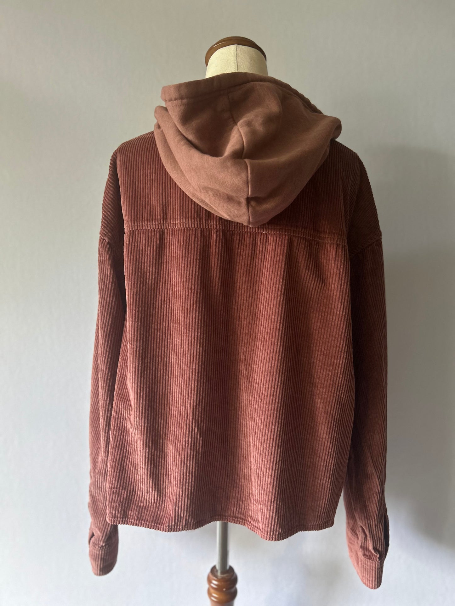 Dusty Rose Corduroy Button-Down Jacket with Hoodie | Size Large | 100% Cotton