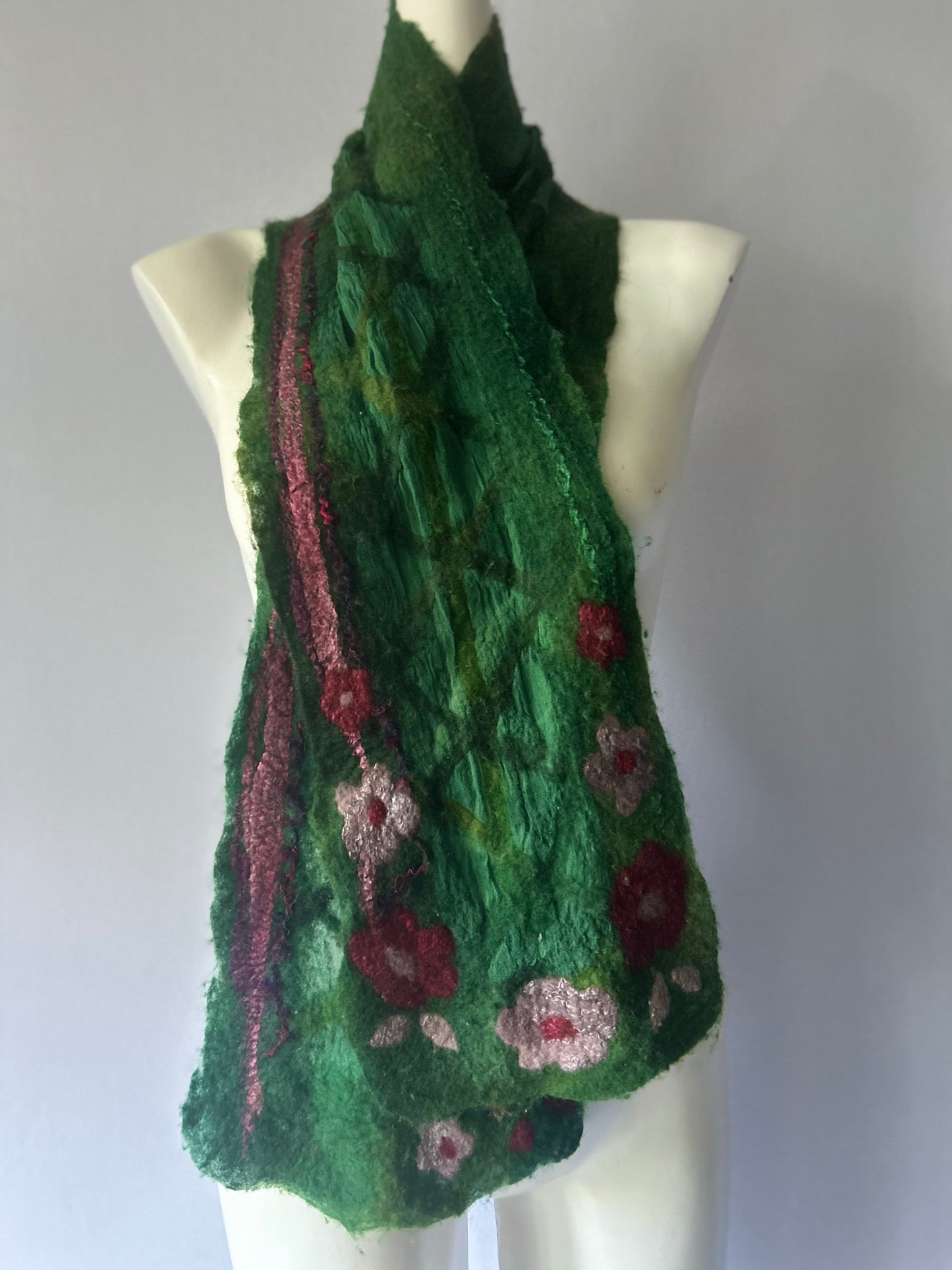 Artisan Hand-Felted Wool & Silk Floral Scarf - Forest Green - One Size