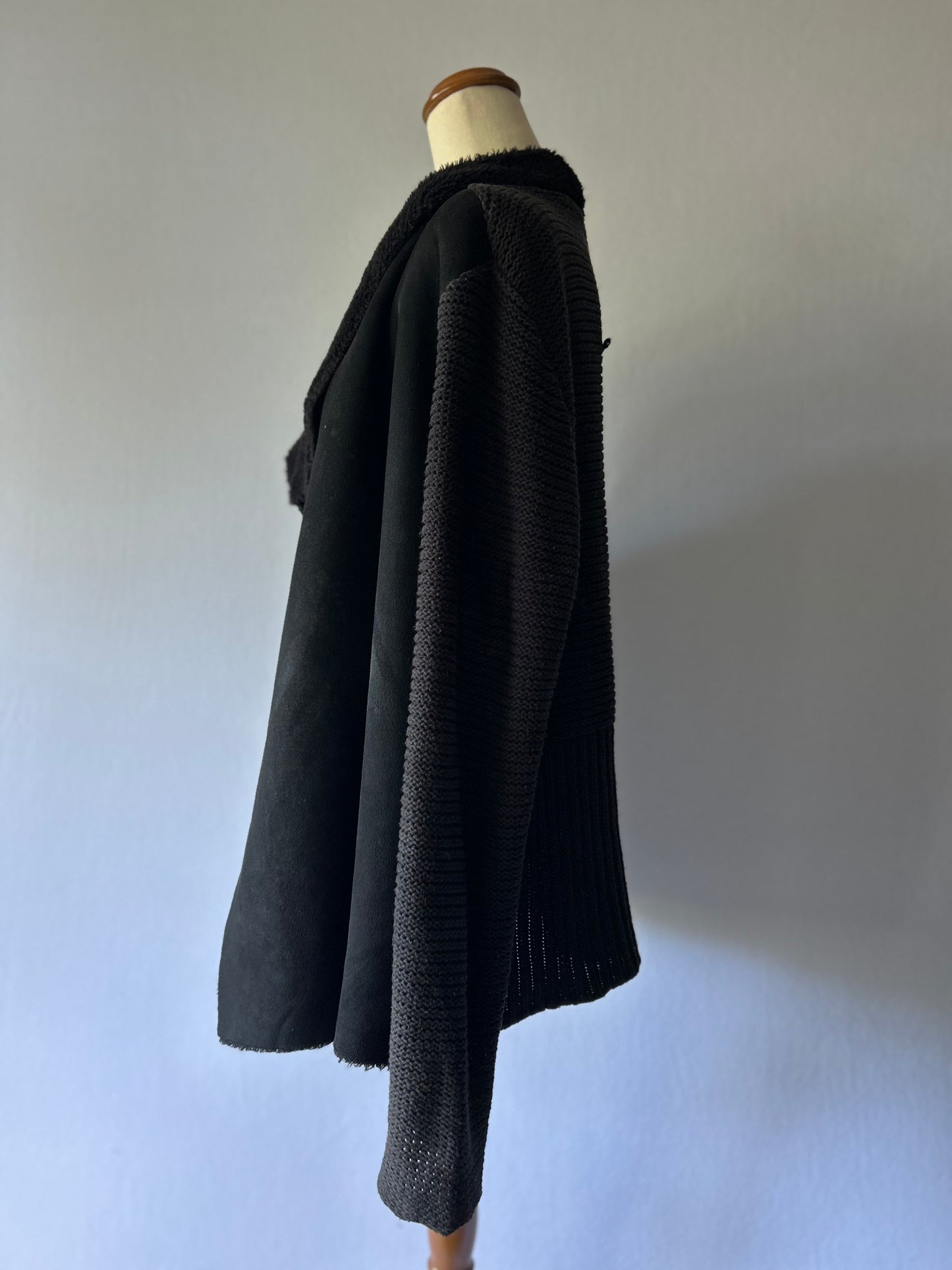 Noir Mixed-Media Shearling & Knit Waterfall Cardigan – Size M