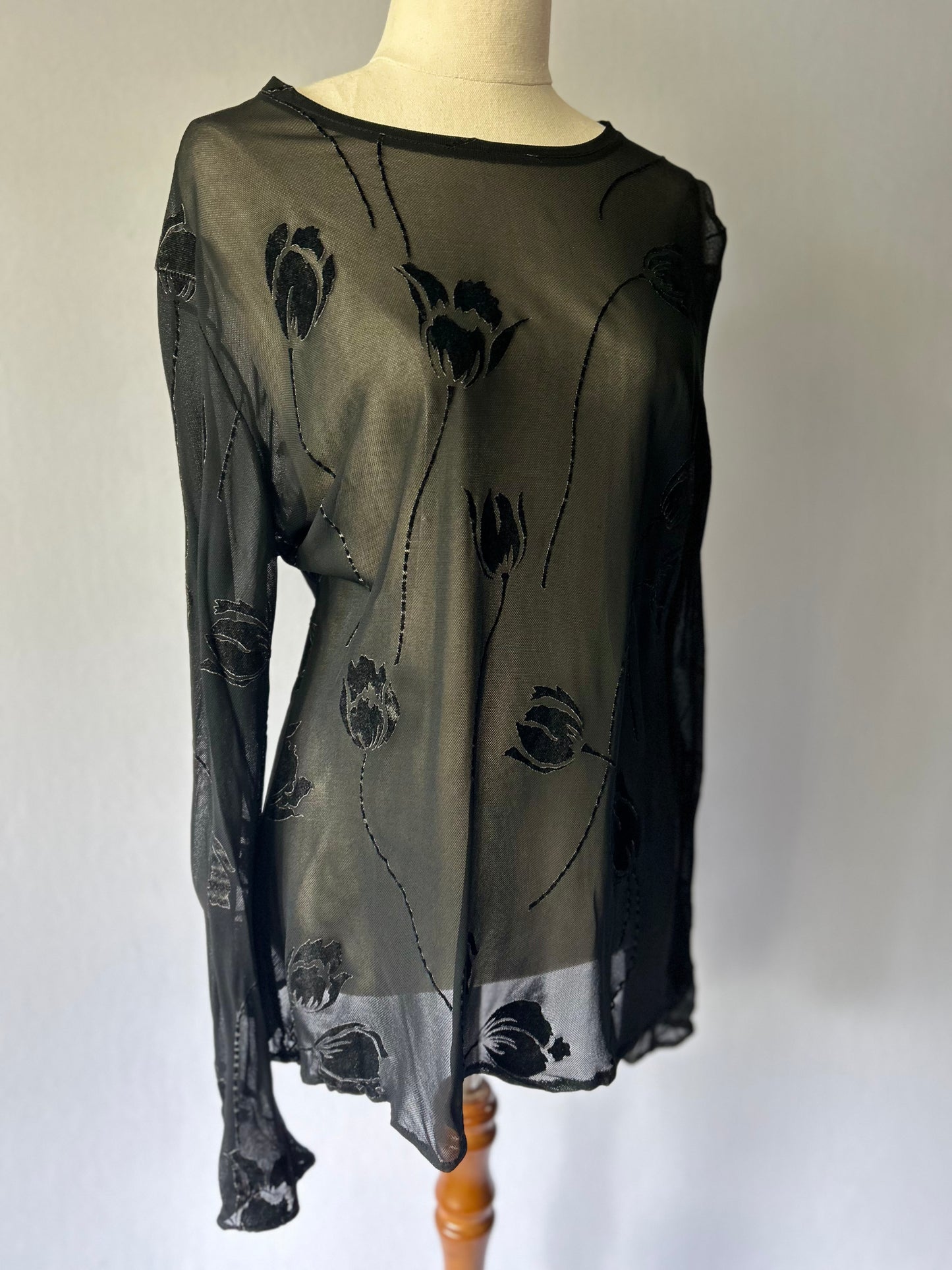Floral Velvet Flocked Sheer Mesh Top – Size L