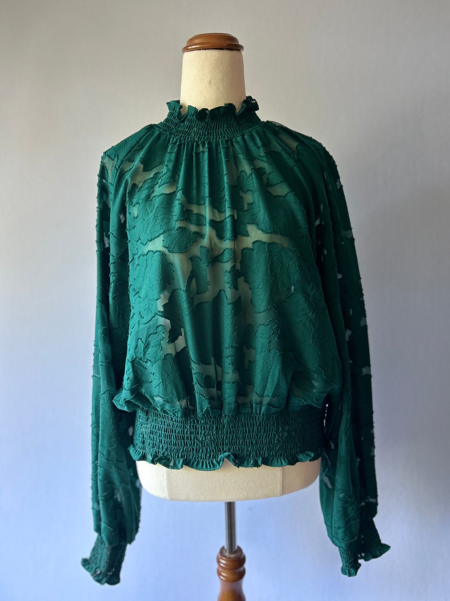Sheer Floral Jacquard Mock-Neck Blouse - Emerald Green - Size 16