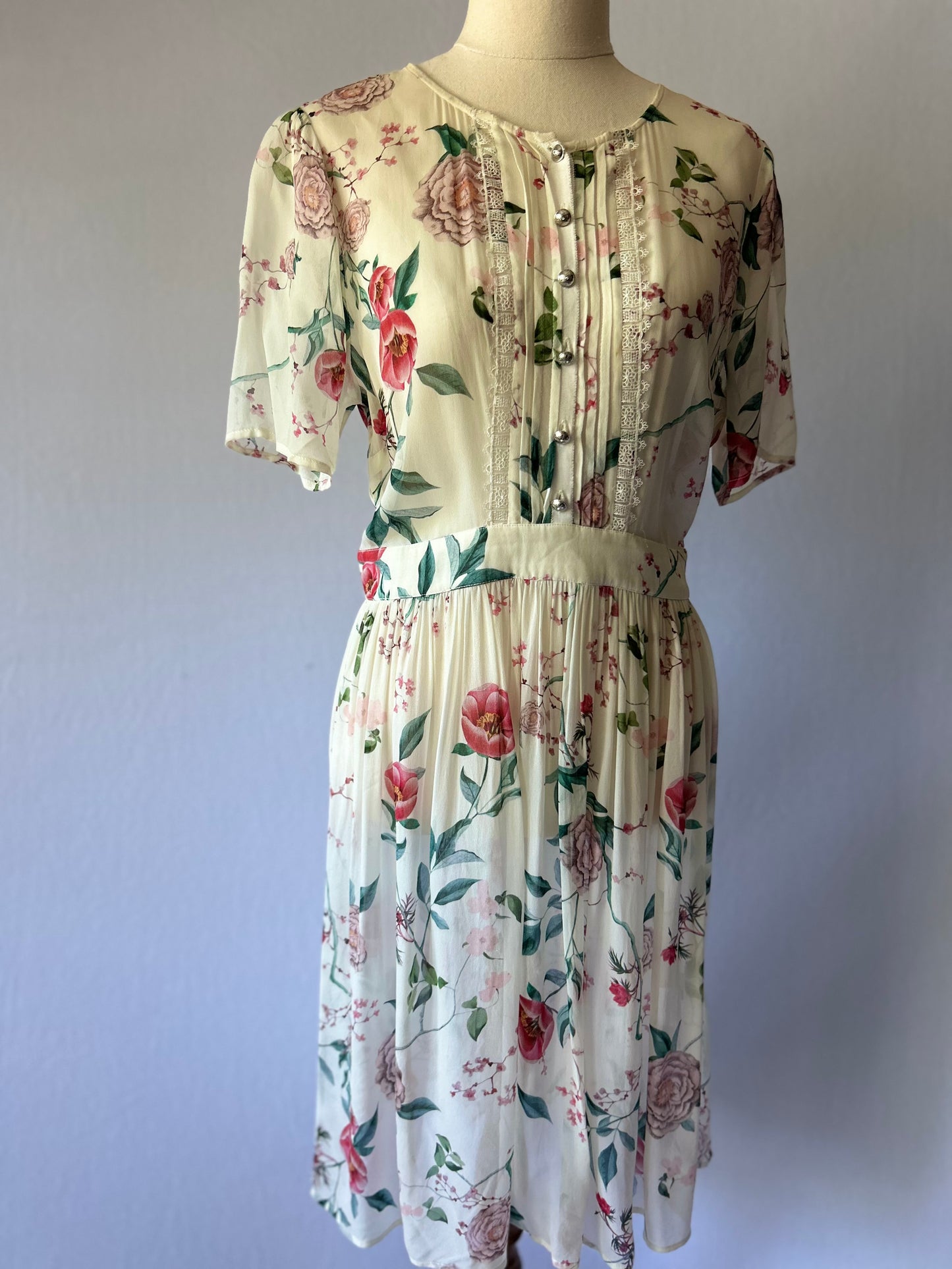 Romantic Silk Floral Tea Dress (Size Small)