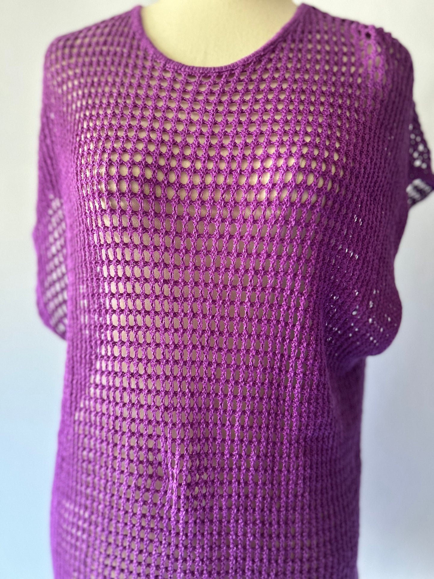 Purple Linen Crochet Top | Size Small | Sheer Mesh Knit