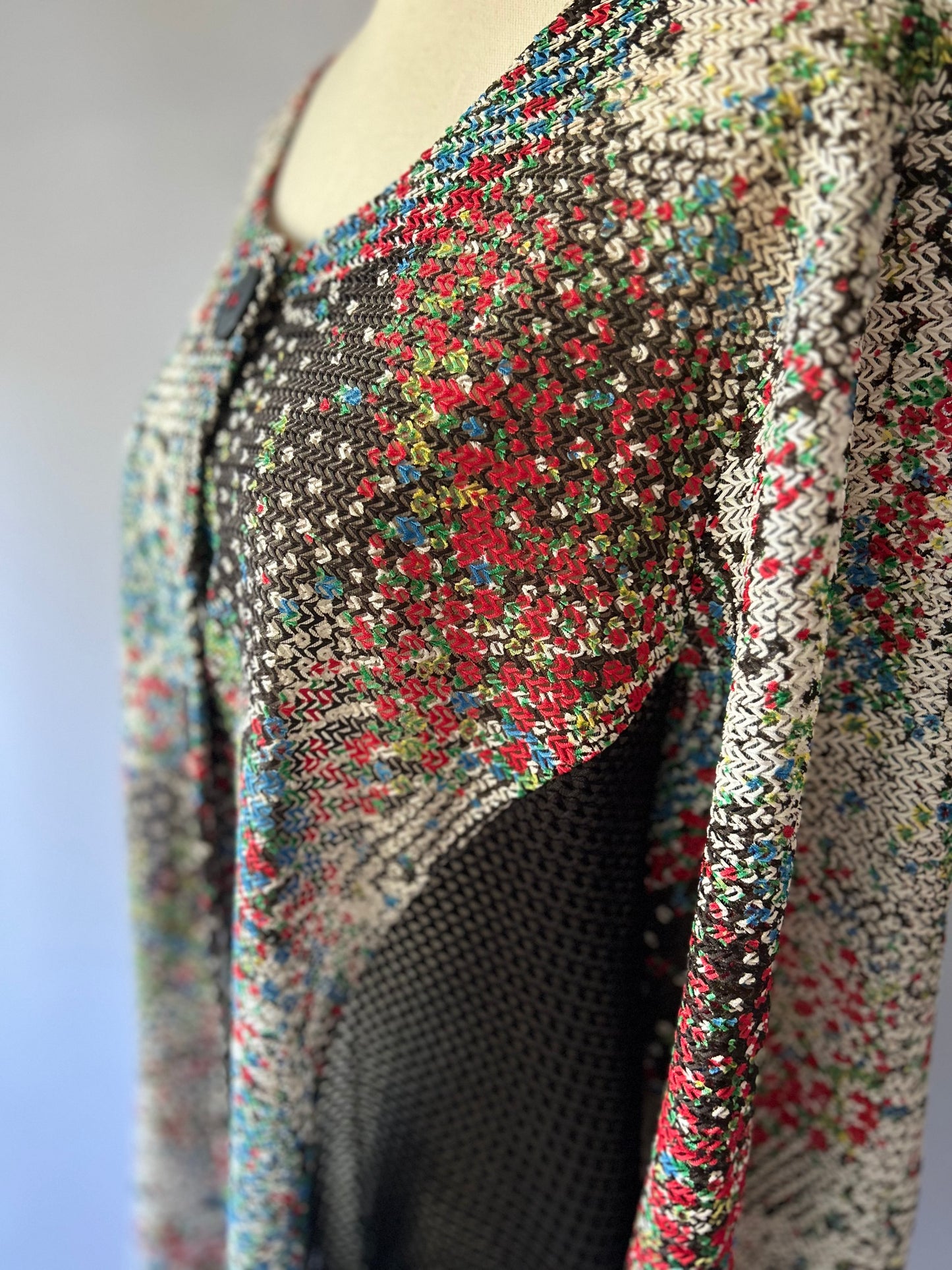 Joseph Ribkoff Abstract Multi-Color Knit Cardigan with Mesh Panels - Size 16
