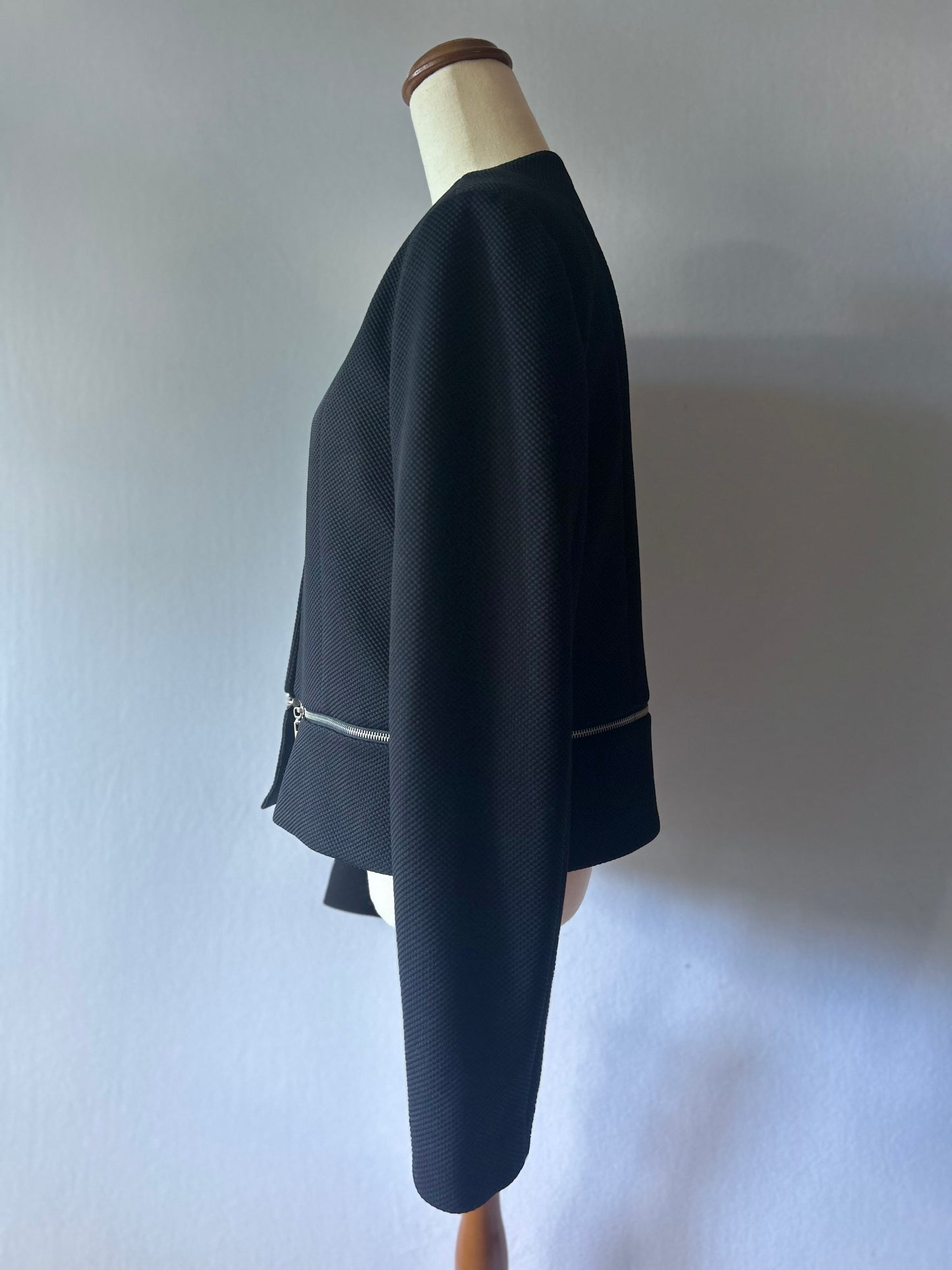 Whistles Collarless Open-Front Textured Jacket with Zipper Details - Black - Size 16