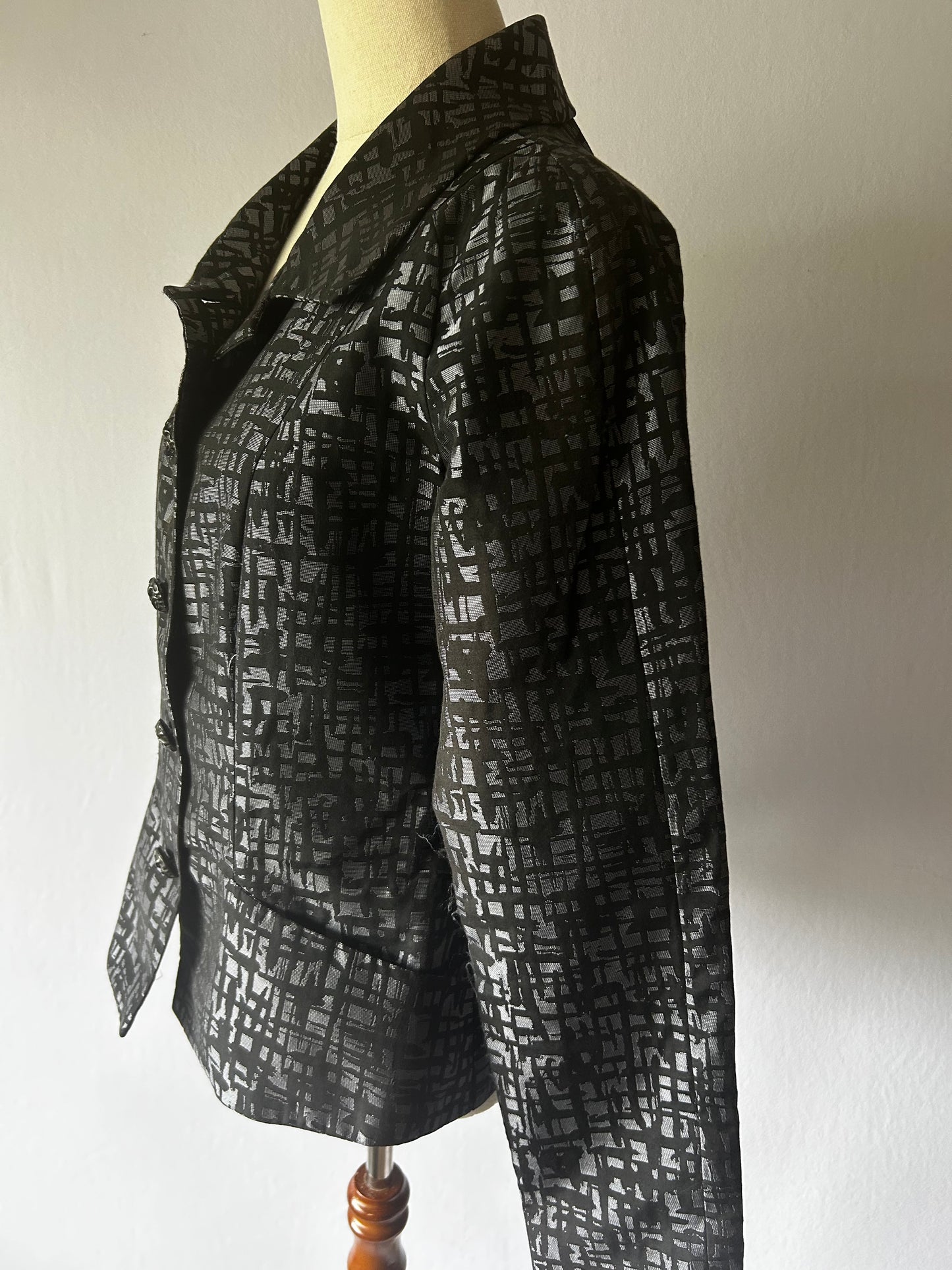 Anne Mardell Black Patterned Jacket – Size 12 – Made in New Zealand – Cotton Blend