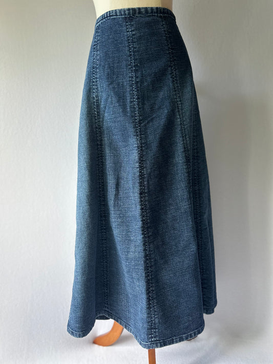 Paneled Stretch Denim Maxi Skirt - Dark Indigo Wash - Size 14