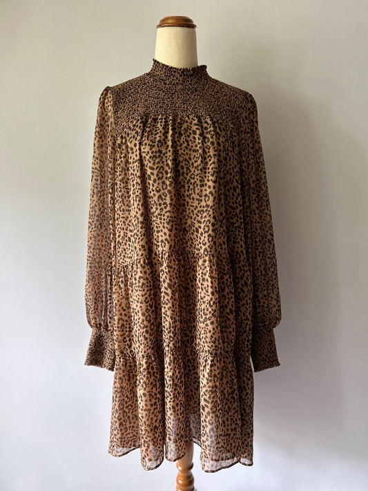 Smocked Leopard Print Tiered Midi Dress – Size 18