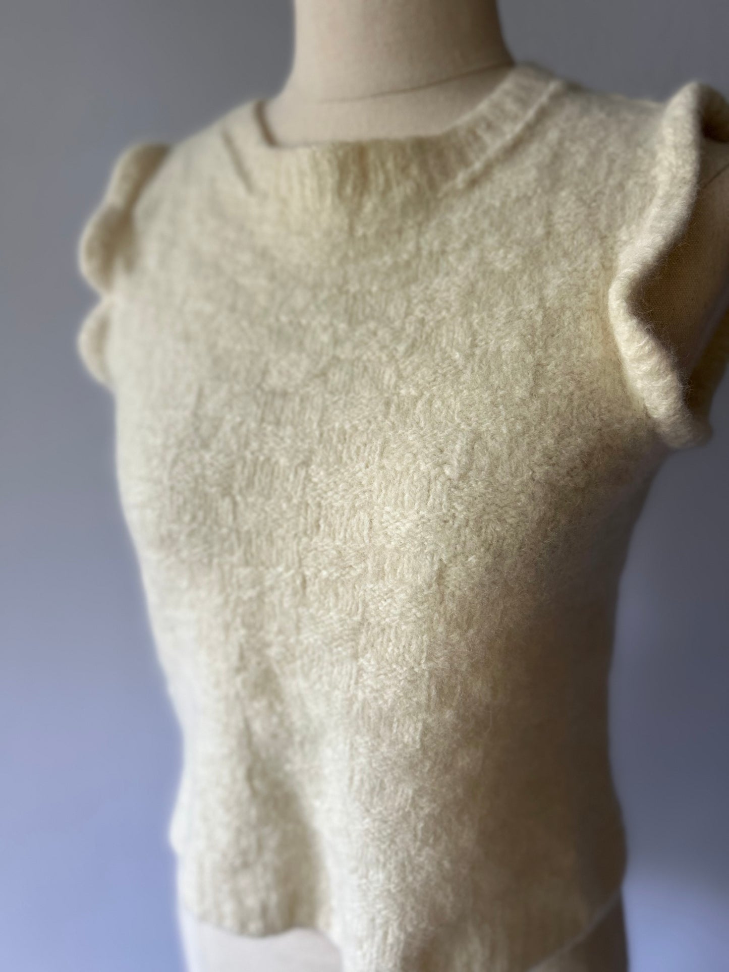Romantic Knit Vest with Ruffle Shoulders - Cream Wool - Size S